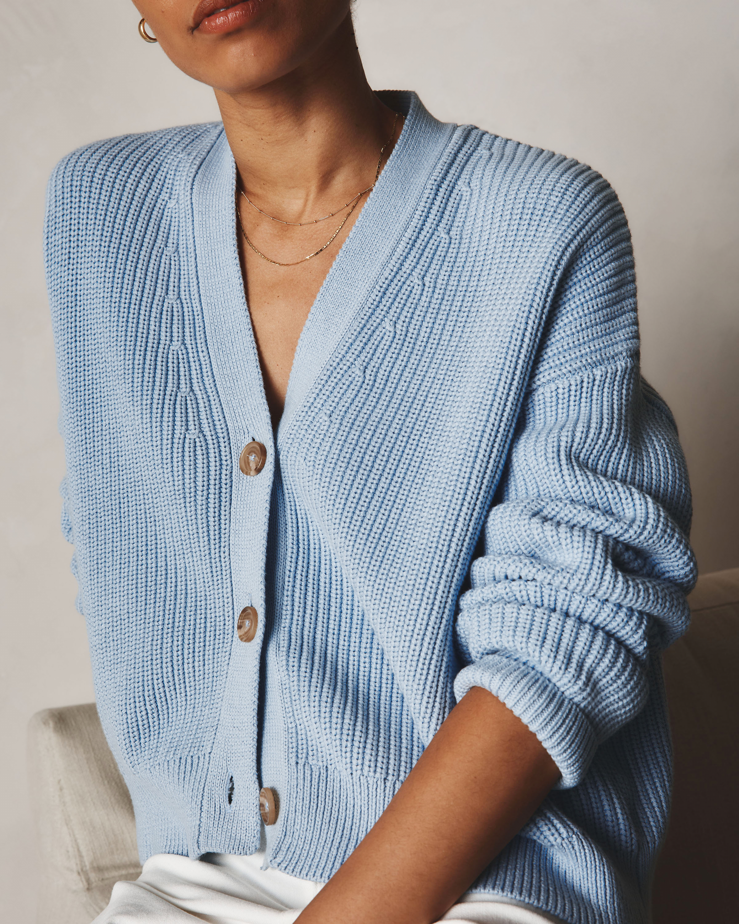 100% Organic Cotton Fisherman Boxy Cropped Cardigan in Sky Blue