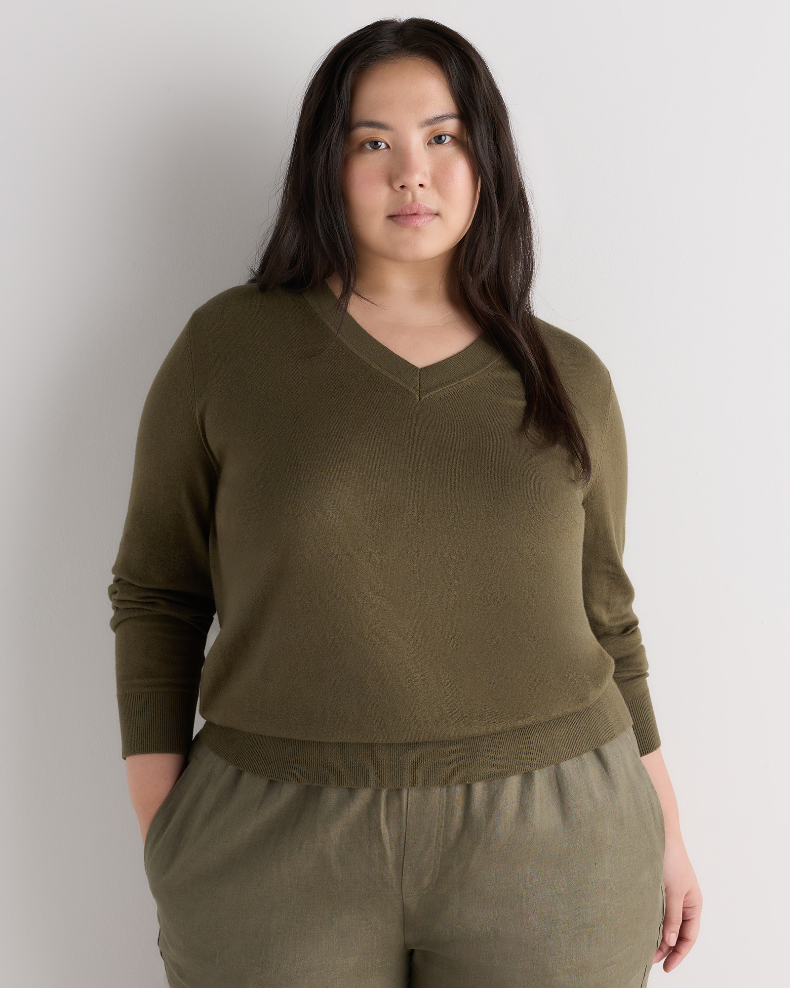 Olive Lightweight Cotton Cashmere V-Neck Sweater