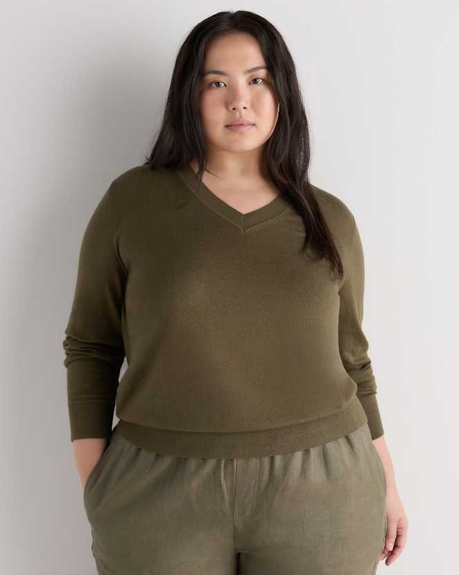 Olive Lightweight Cotton Cashmere V-Neck Sweater