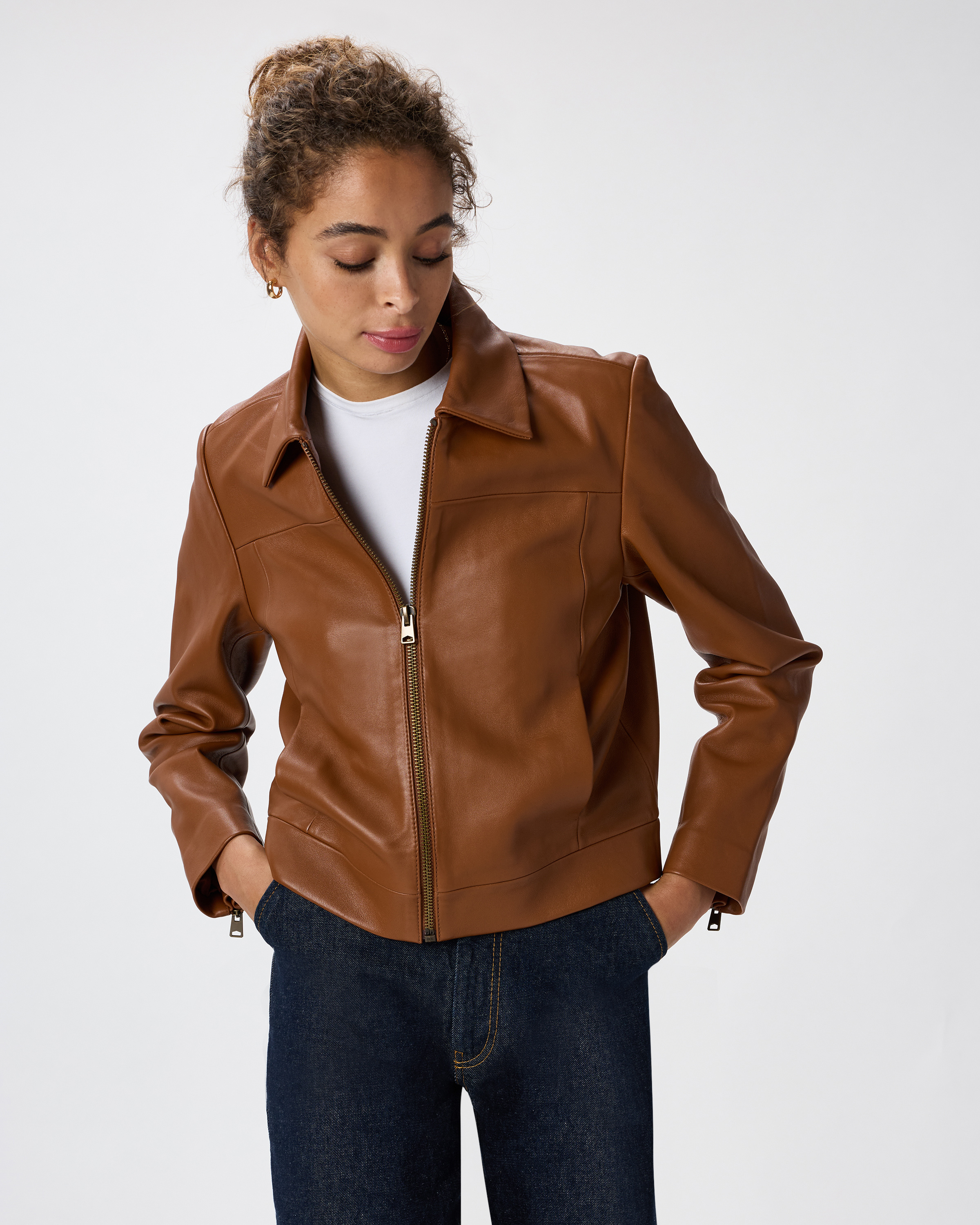 100% Leather Cropped Zip-Front Jacket in Dark Cognac Brown
