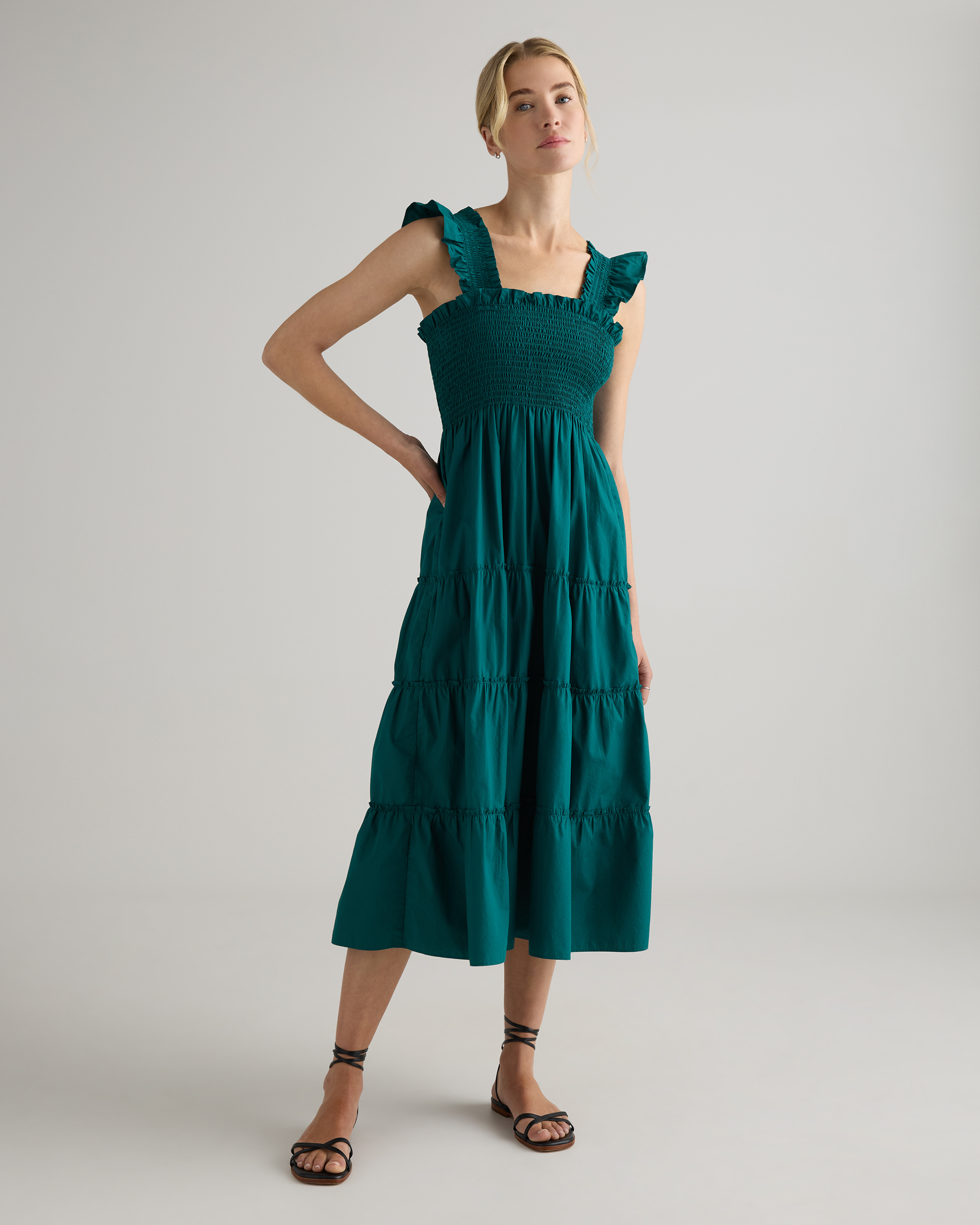 Garden Green 100% Organic Cotton Poplin Smocked Midi Dress