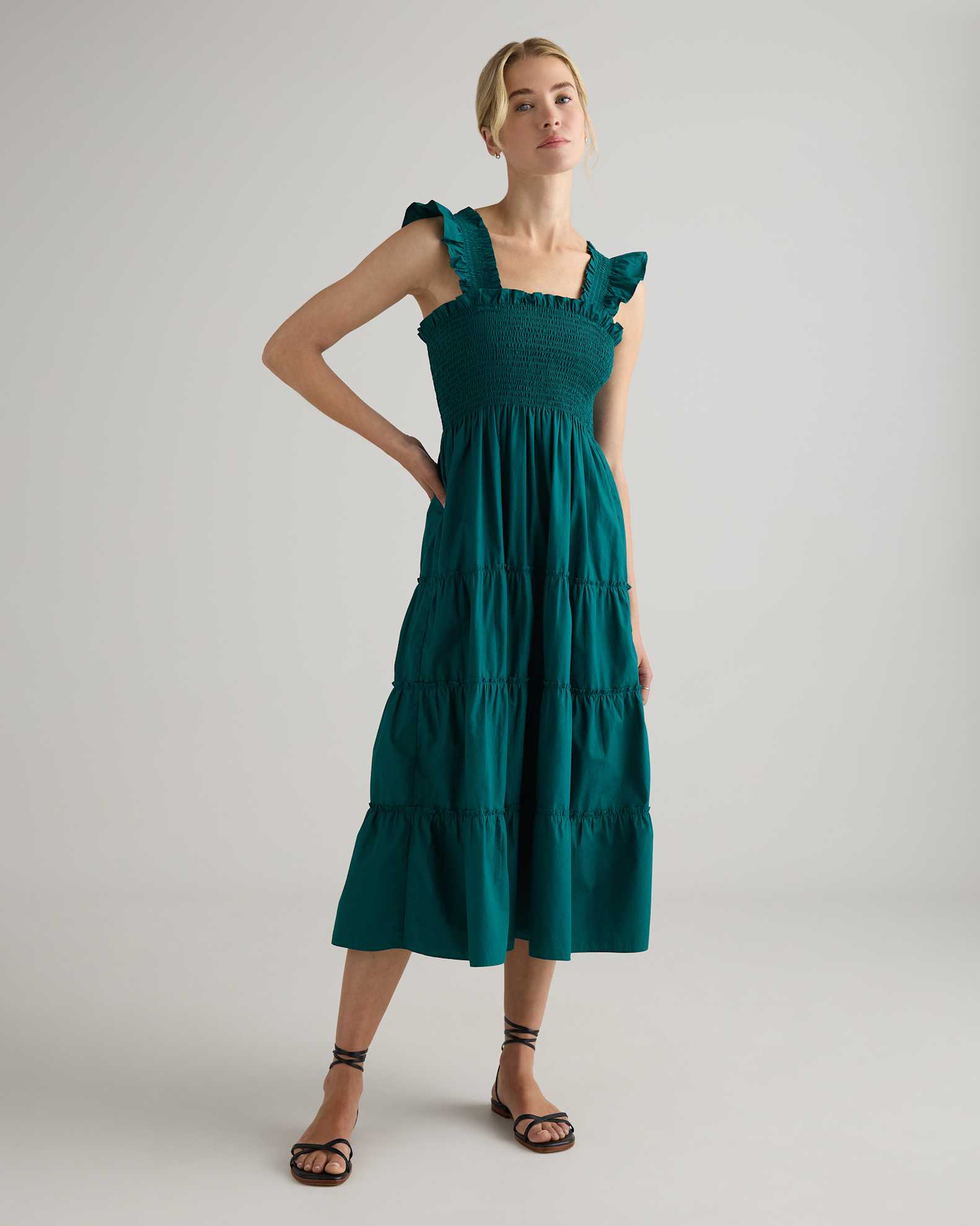 100% Organic Cotton Smocked Midi Dress in Garden Green 100% Organic Cotton Smocked Midi Dress in Garden Green
