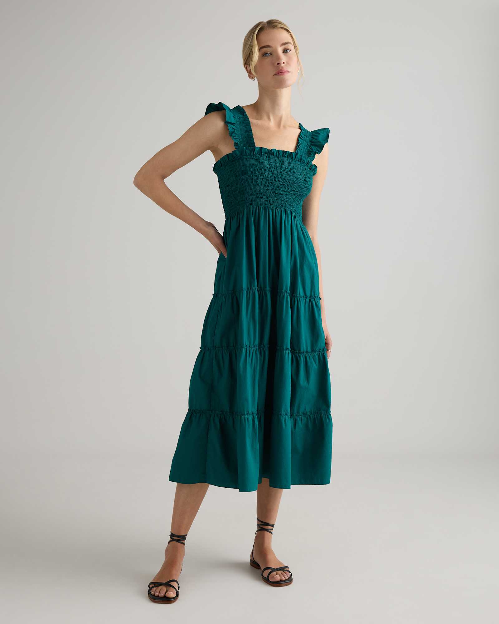 100% Organic Cotton Smocked Midi Dress in Garden Green