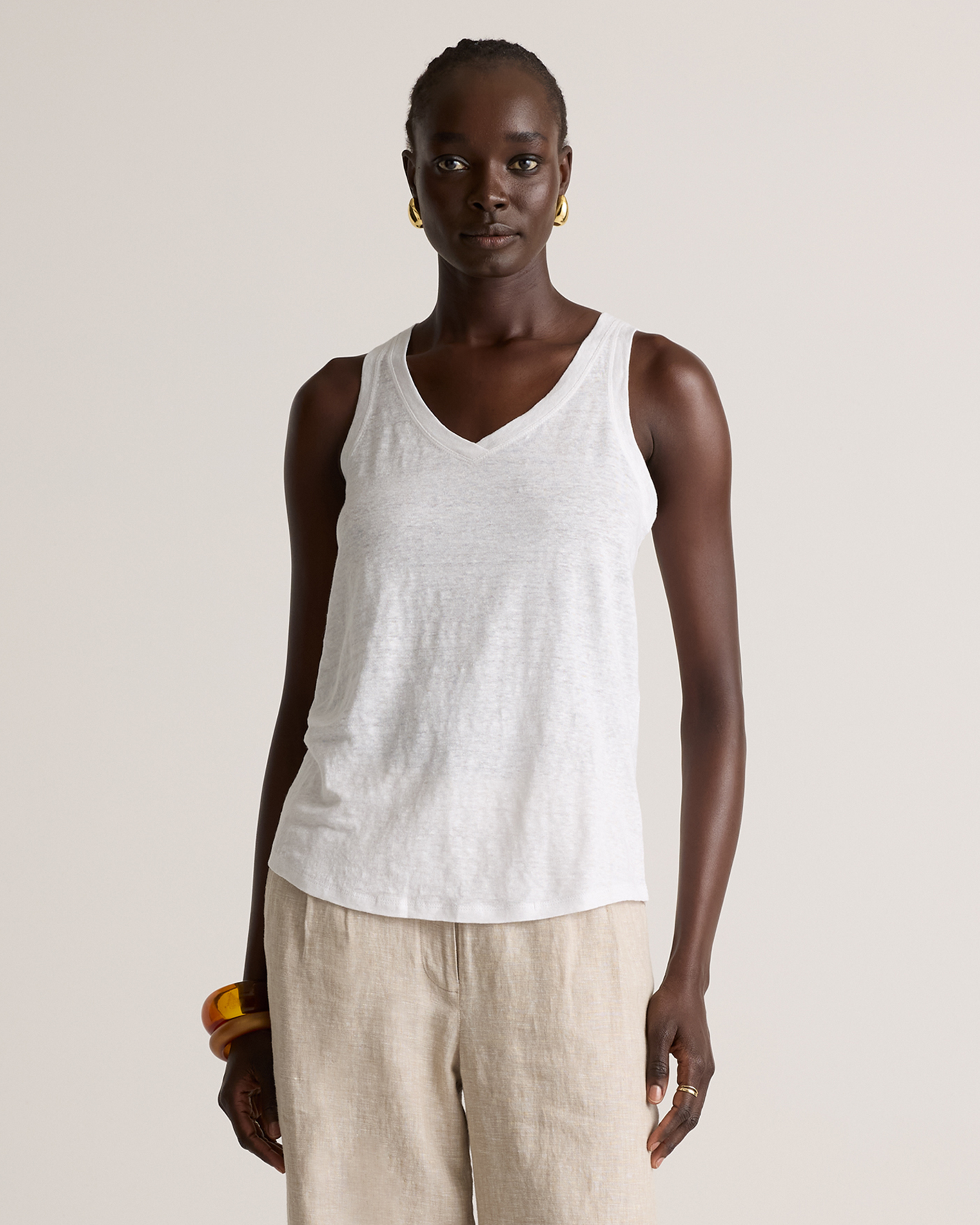 White 100% European Linen Jersey V-Neck Tank