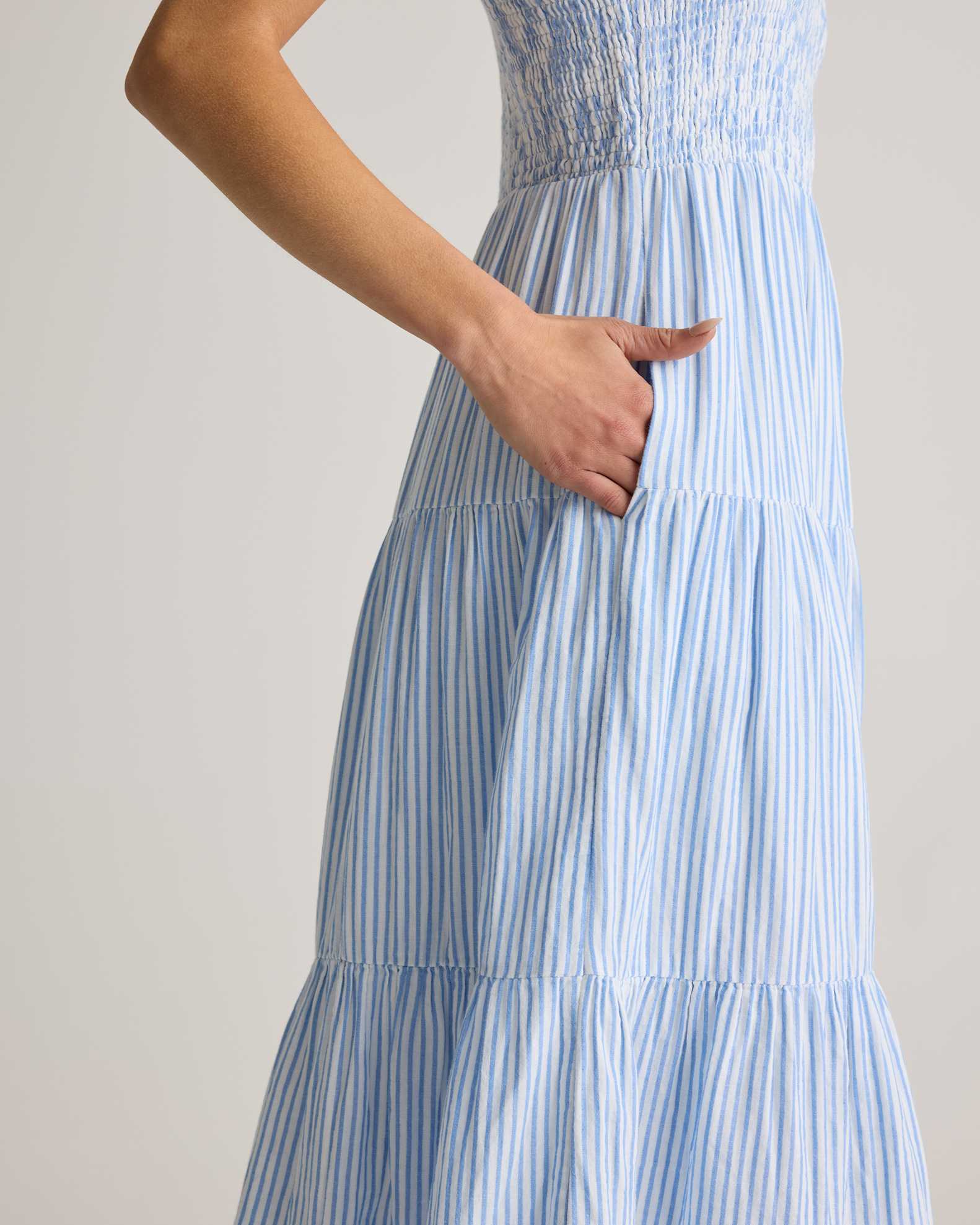 100% Organic Cotton Gauze Smocked Sleeveless Maxi Dress in Bayside Stripe Blue/White 100% Organic Cotton Gauze Smocked Sleeveless Maxi Dress in Bayside Stripe Blue/White