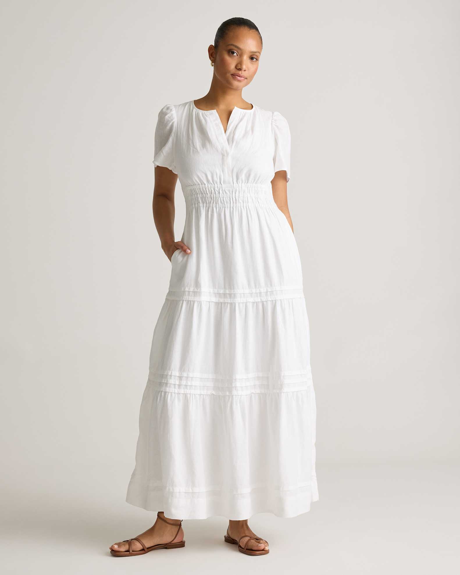 Quince Women's Maxi Dress in White, Size Large - 100% European Linen, Tiered Design, V-Neck, Short Sleeves, Sustainable & Pocketed Quince Women's Maxi Dress in White, Size Large - 100% European Linen, Tiered Design, V-Neck, Short Sleeves, Sustainable & Pocketed