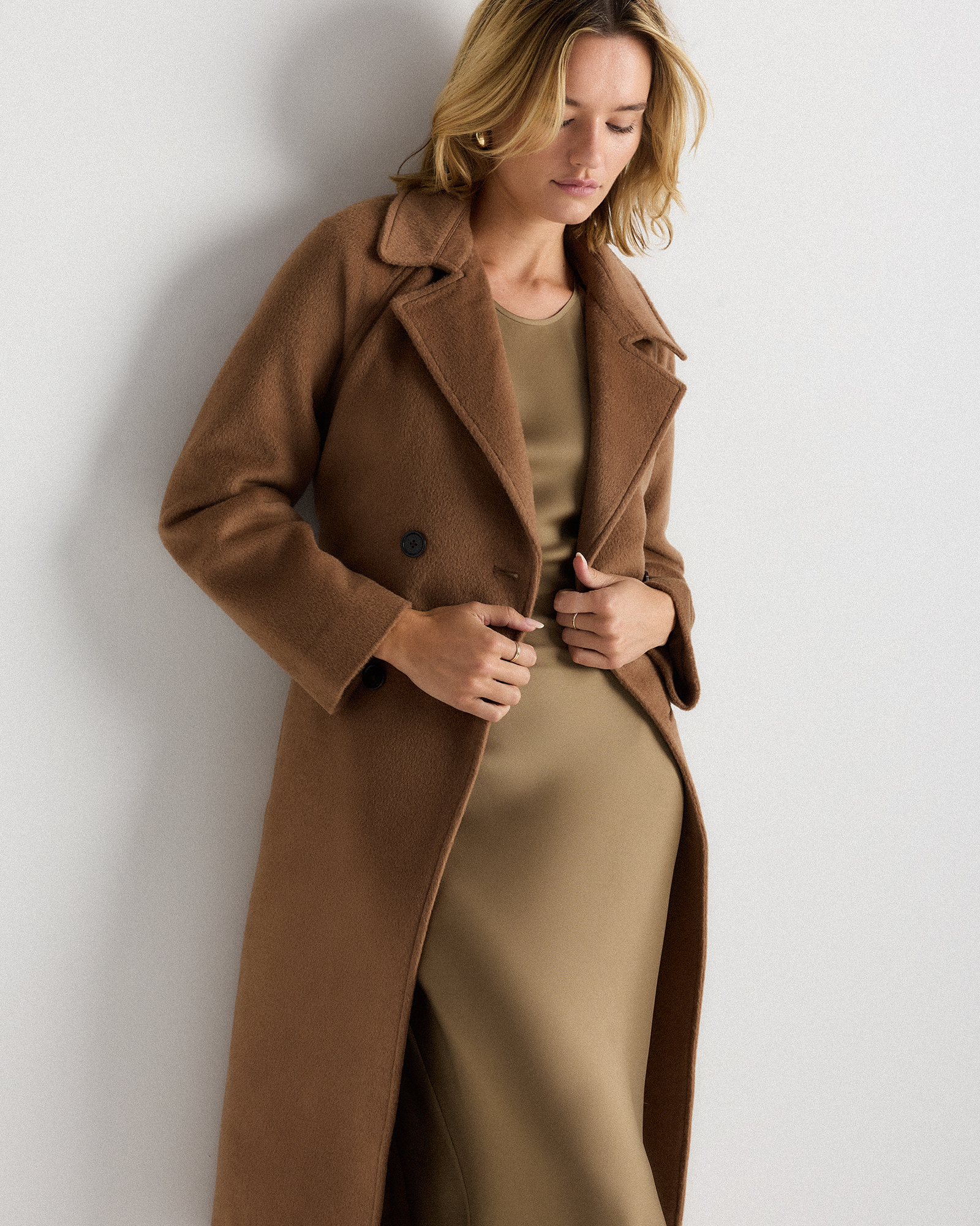 Camel Hair Double-Breasted Long Wrap Coat in Mocha Brown