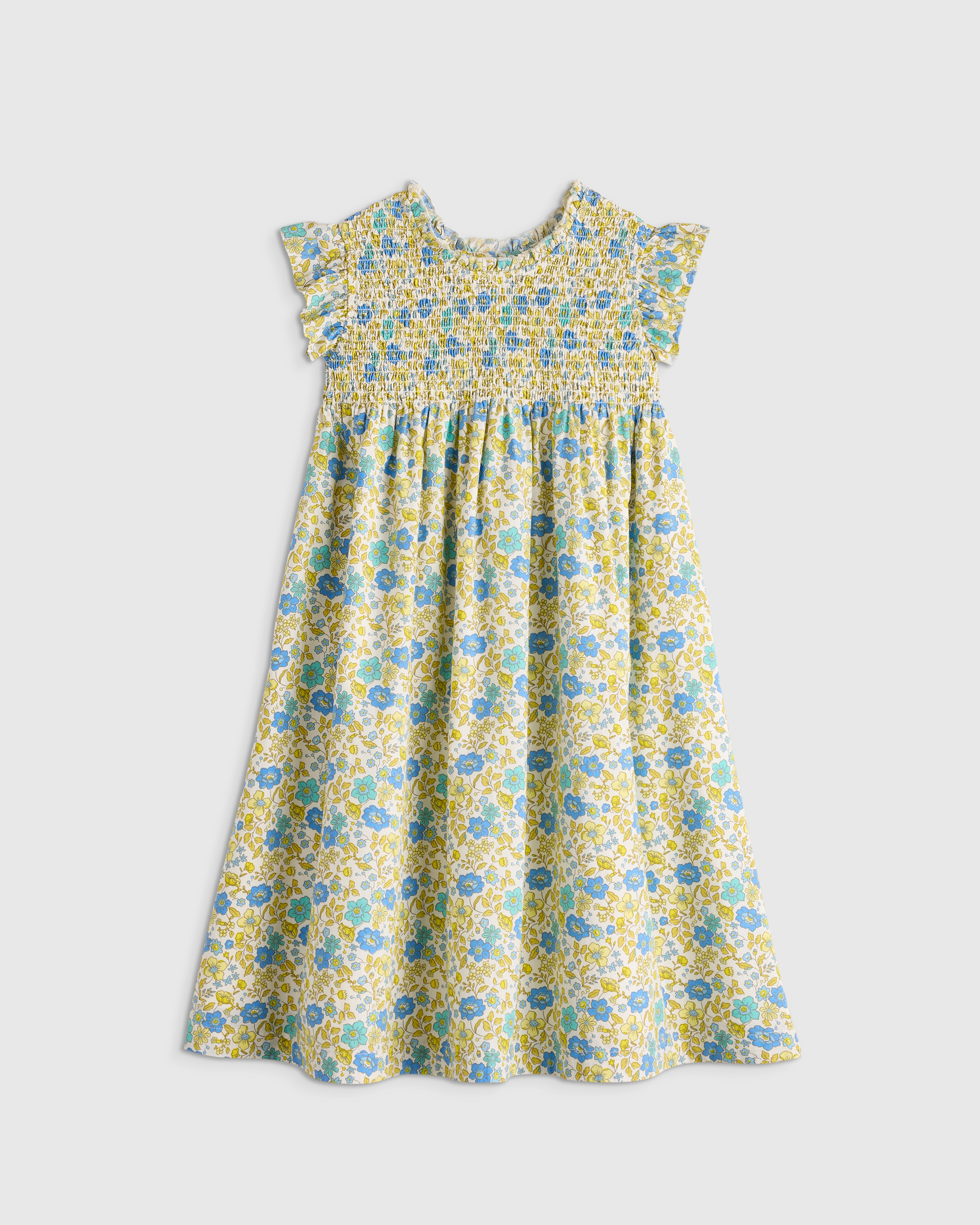 Blue Ditsy Floral 100% Organic Cotton Poplin Smocked Flutter Sleeve Dress