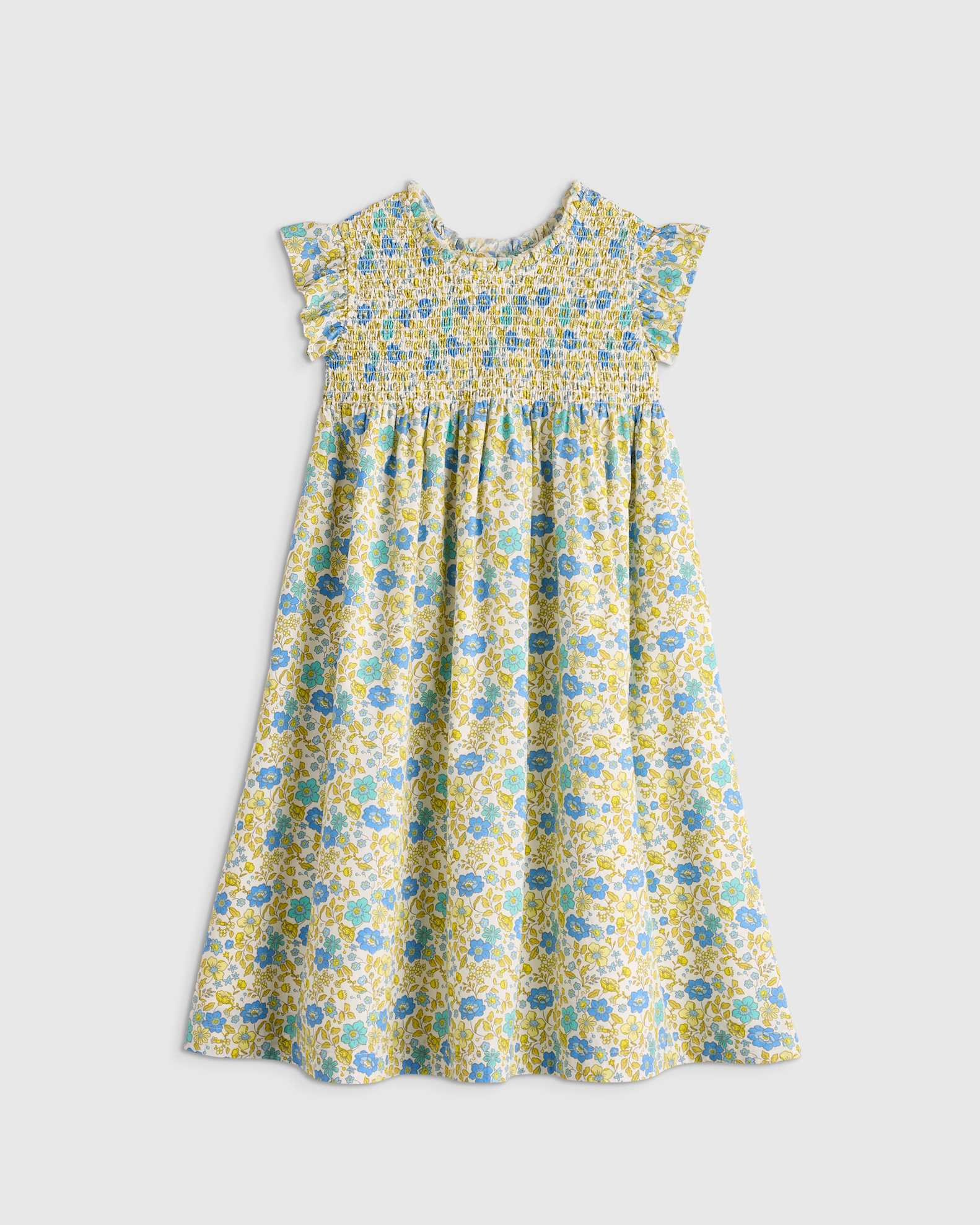 Girl's 100% Organic Cotton Poplin Smocked Flutter Sleeve Dress in Blue Ditsy Floral Girl's 100% Organic Cotton Poplin Smocked Flutter Sleeve Dress in Blue Ditsy Floral