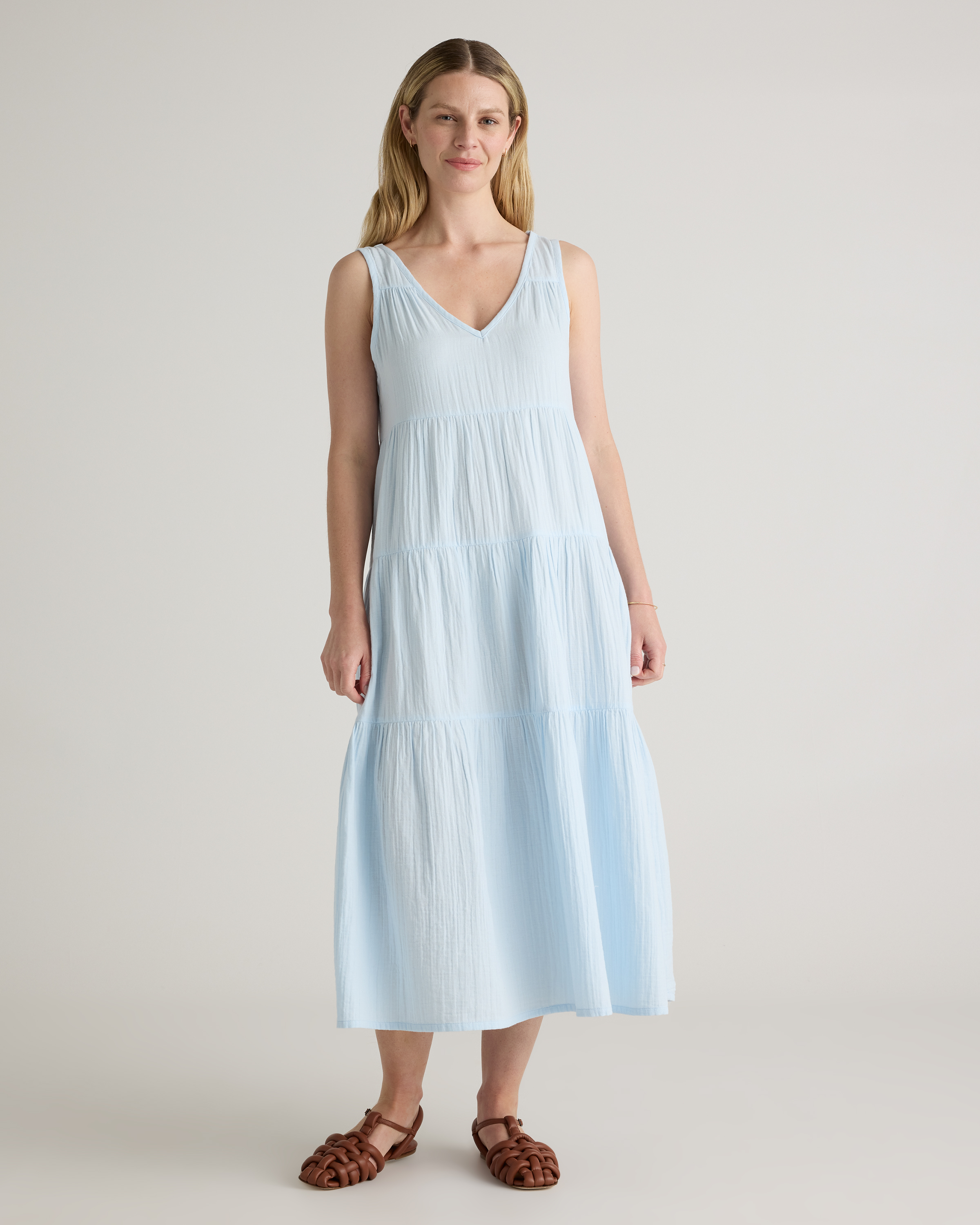Nantucket Blue 100% Organic Cotton Gauze Tiered Maxi Dress