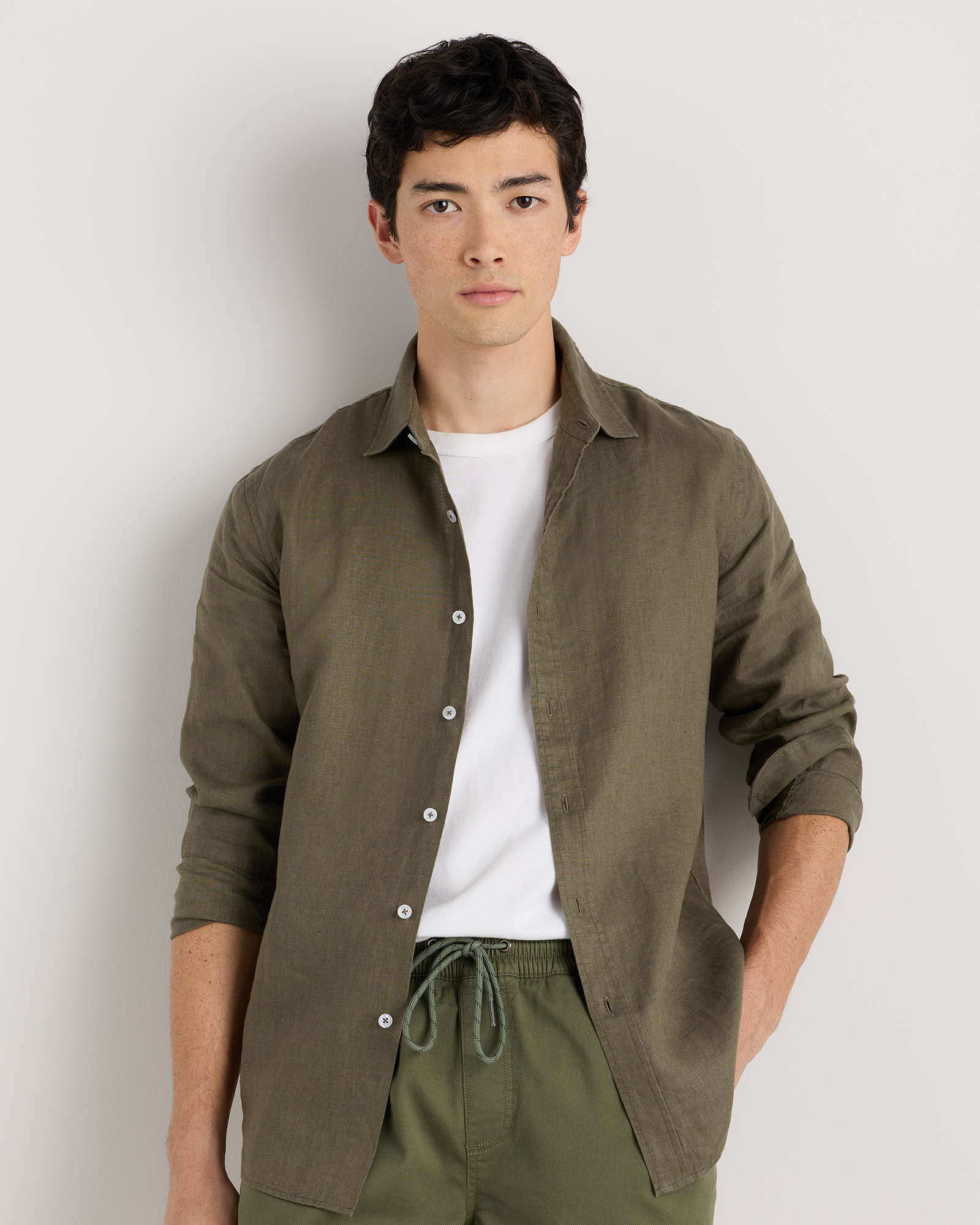 Bayberry Olive 100% European Linen Relaxed Long Sleeve Shirt