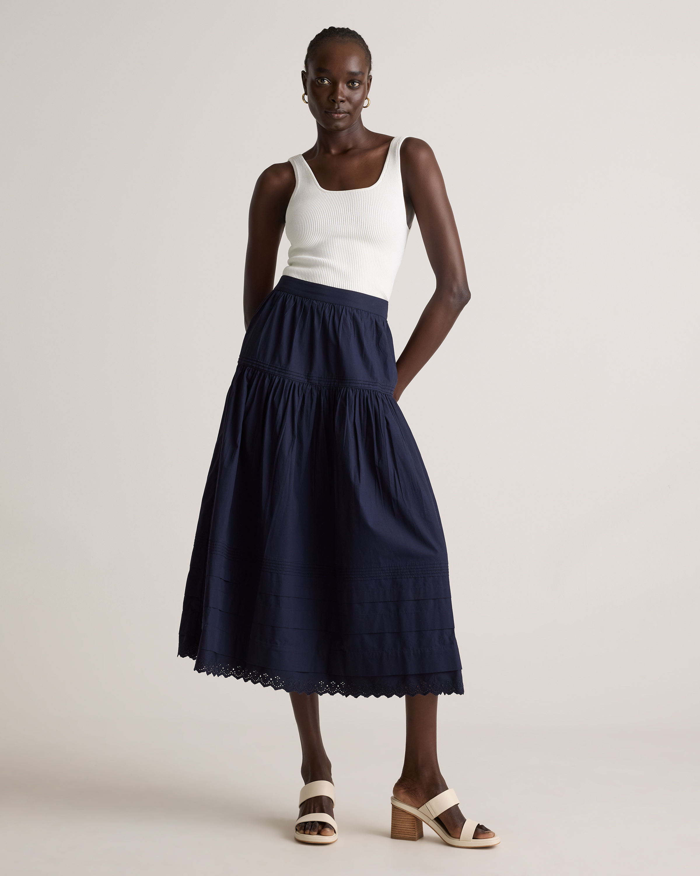 【Anyone more】Bran Pintuck Cotton Long Skirt 100% Organic Cotton Poplin Pintuck Maxi Skirt in Navy