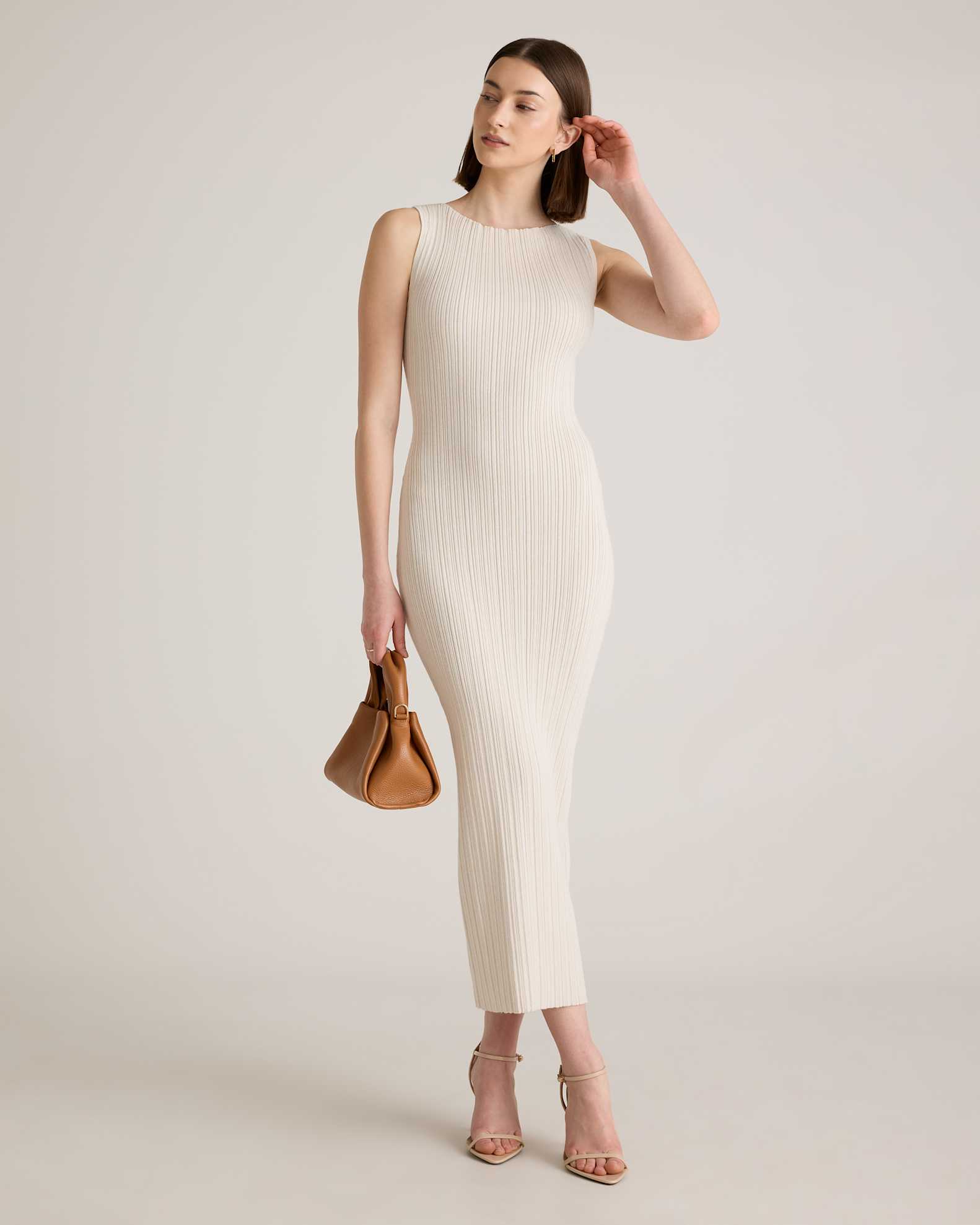 Cotton Cashmere Ribbed Sleeveless Midi Dress in Heather Bone Cotton Cashmere Ribbed Sleeveless Midi Dress in Heather Bone