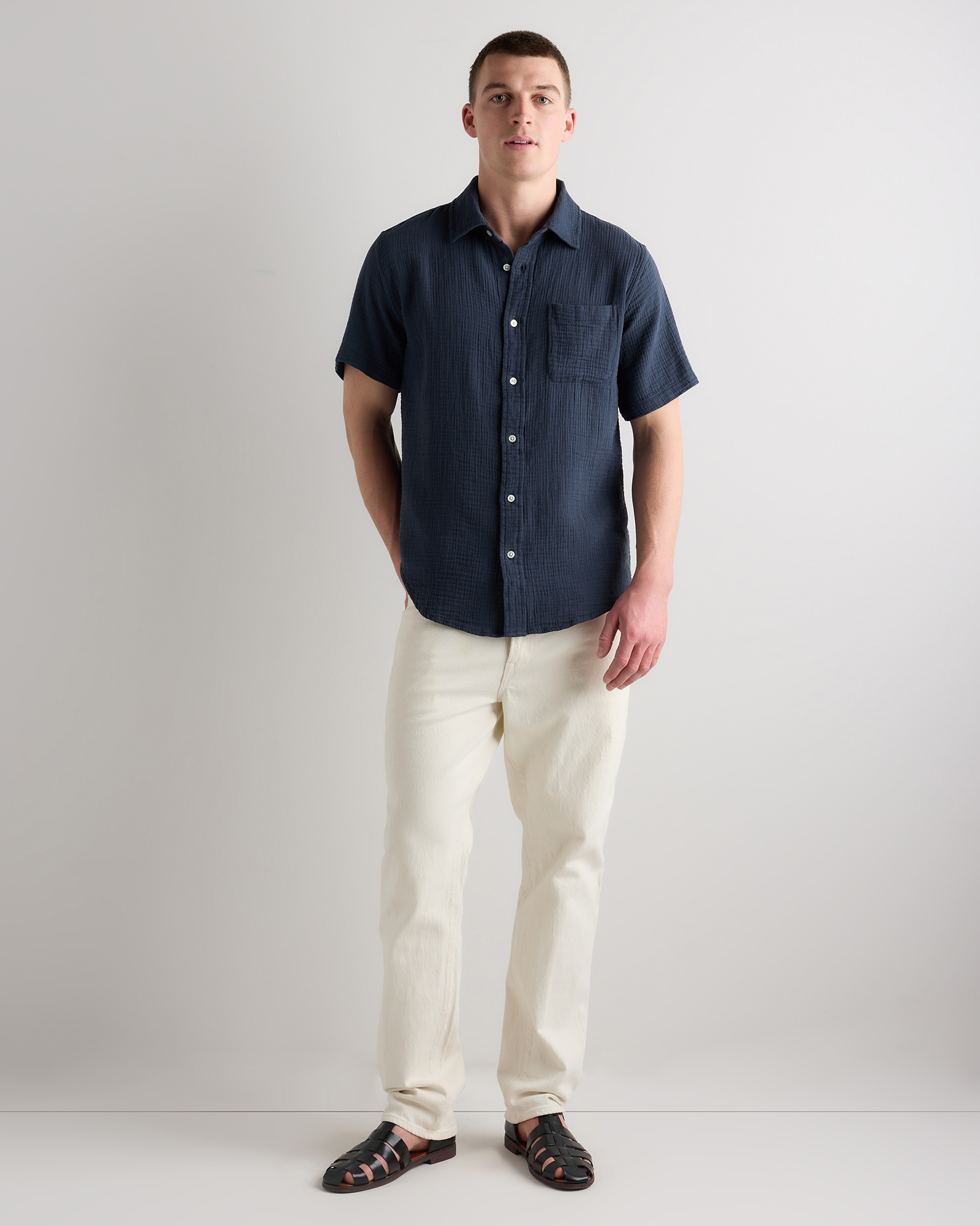 Gdup メンズ 半袖100％COTTON Men's 100% Organic Cotton Gauze Short Sleeve Shirt