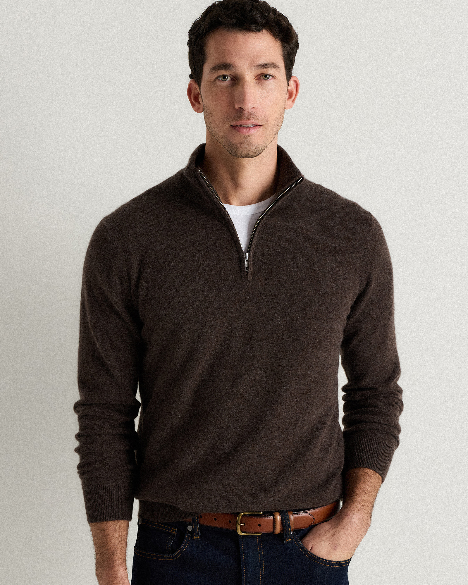 Heather Truffle Brown Mongolian Cashmere Quarter Zip Sweater