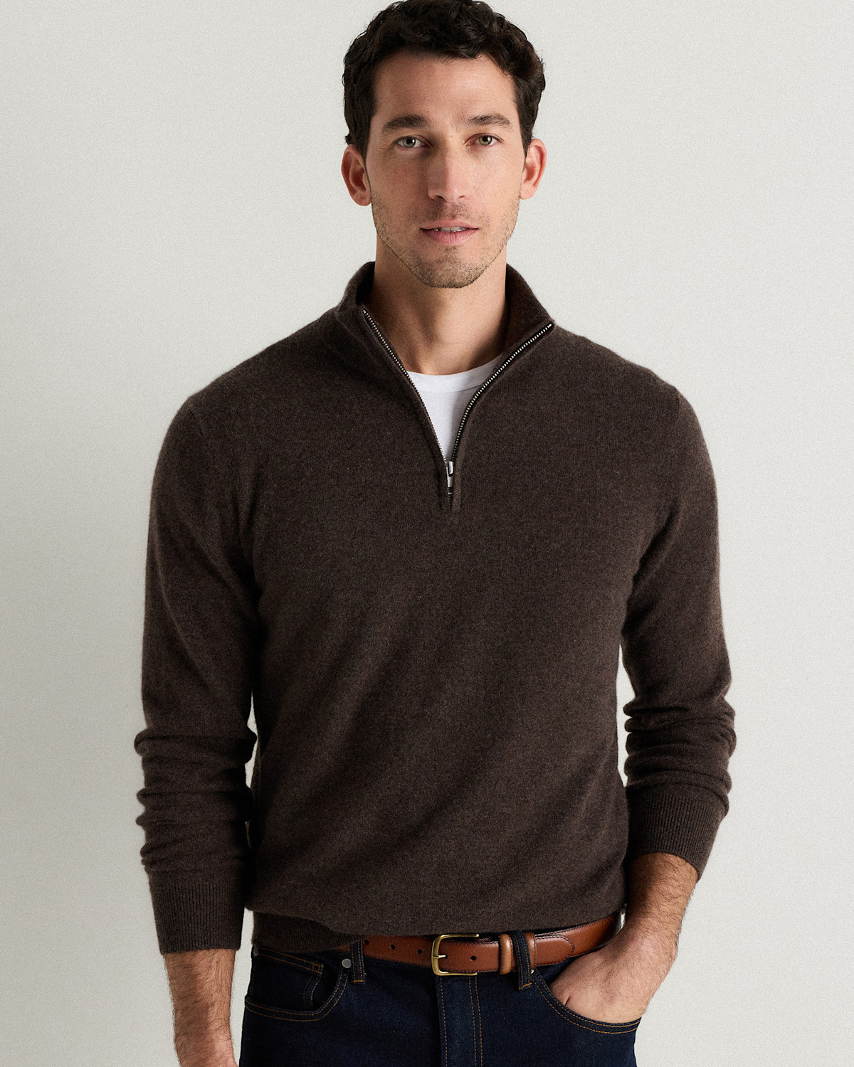Quince Mongolian Cashmere Quarter Zip Sweater in Heather Truffle Brown