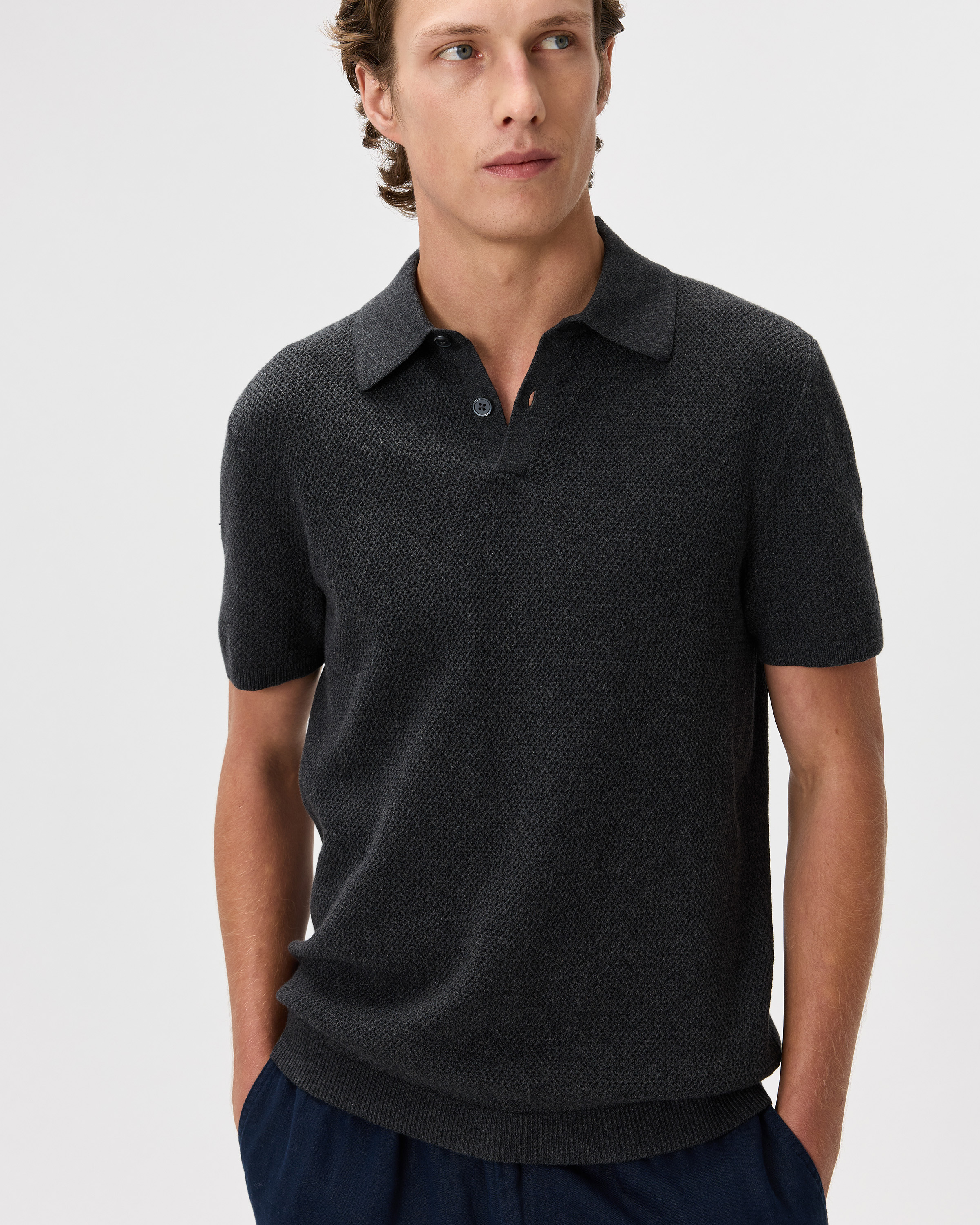Charcoal 100% Organic Cotton Mesh-Stitch Sweater Polo