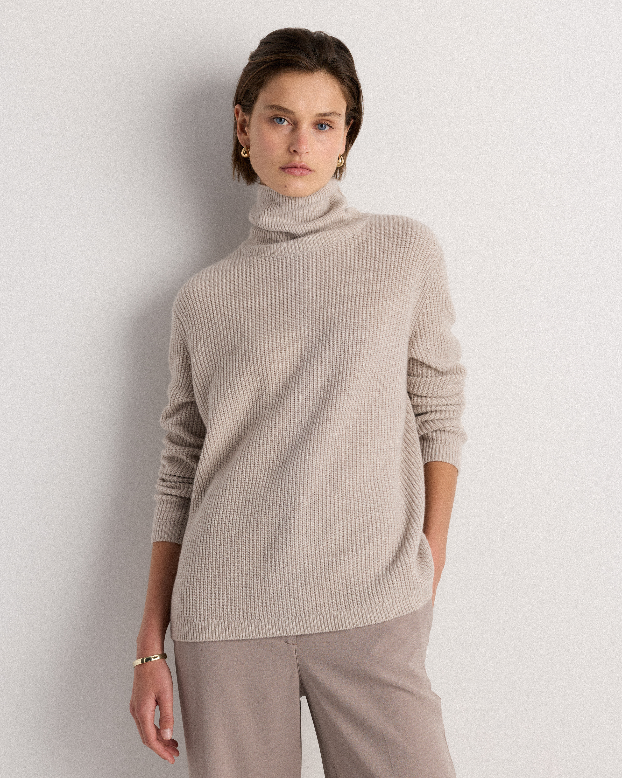 Heather Cloud Beige Mongolian Cashmere Fisherman Turtleneck Sweater