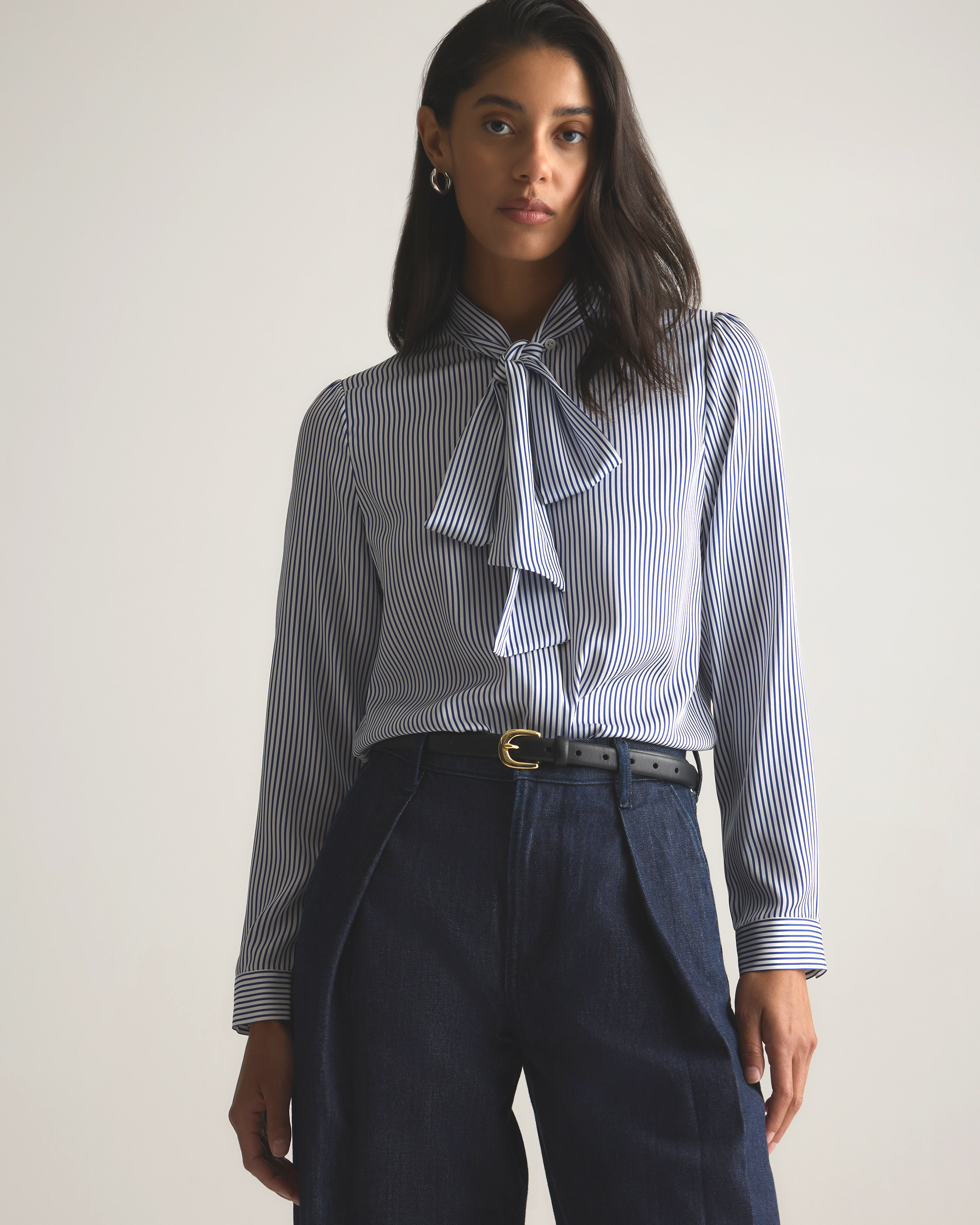 Washable Stretch Silk Tie Neck Blouse