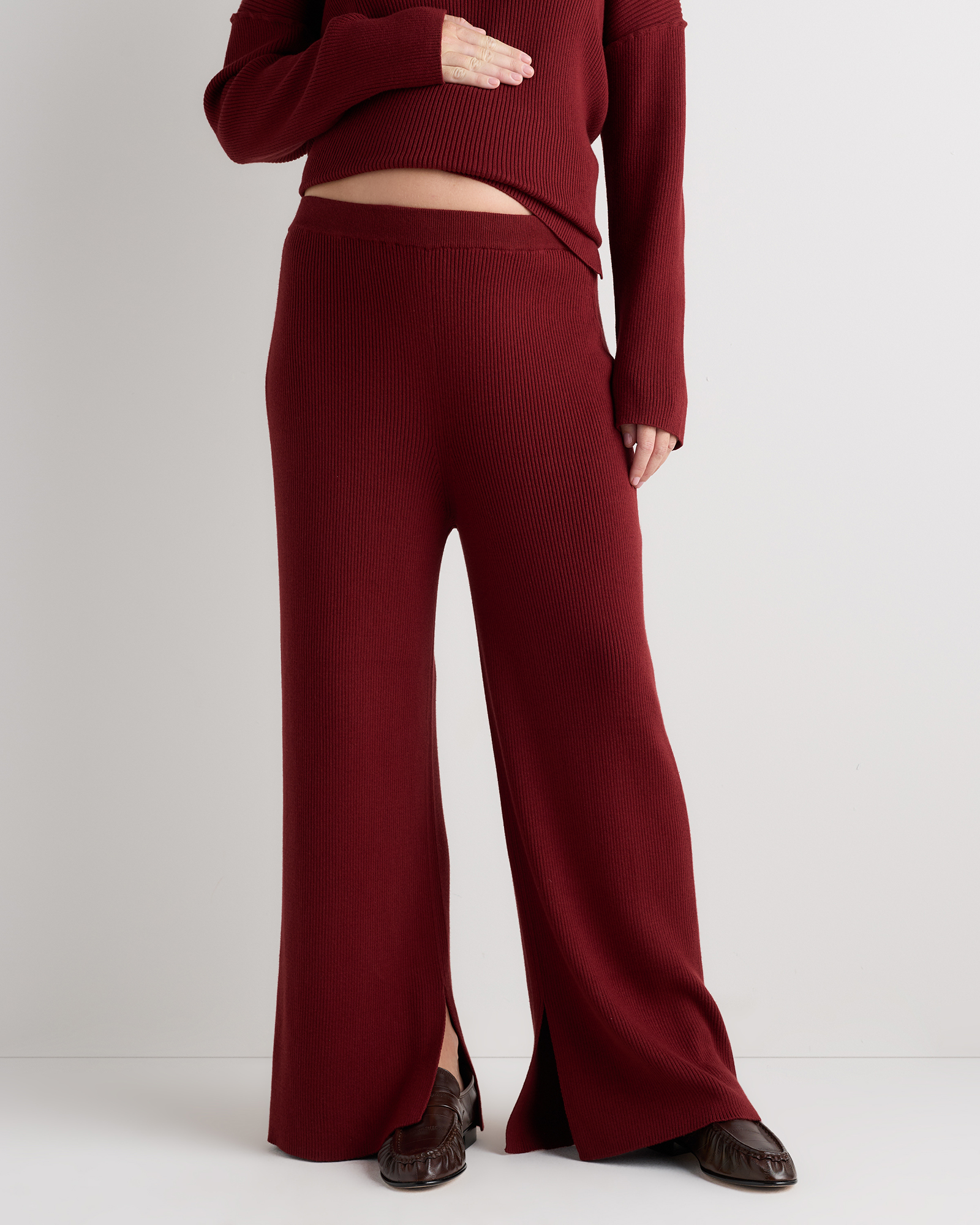 Deep Brick Red Cotton Cashmere Maternity Wide Leg Pants