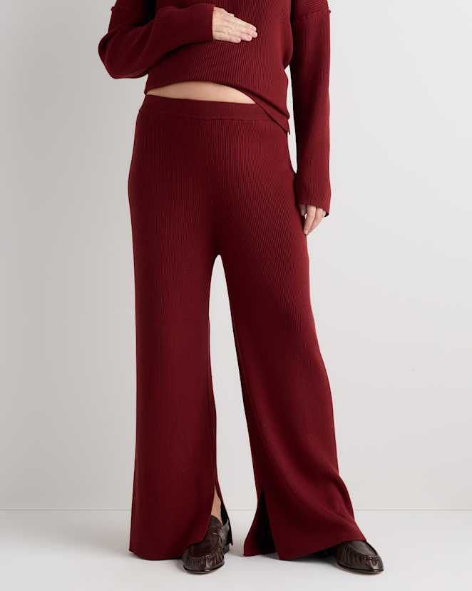 Deep Brick Red Cotton Cashmere Maternity Wide Leg Pants