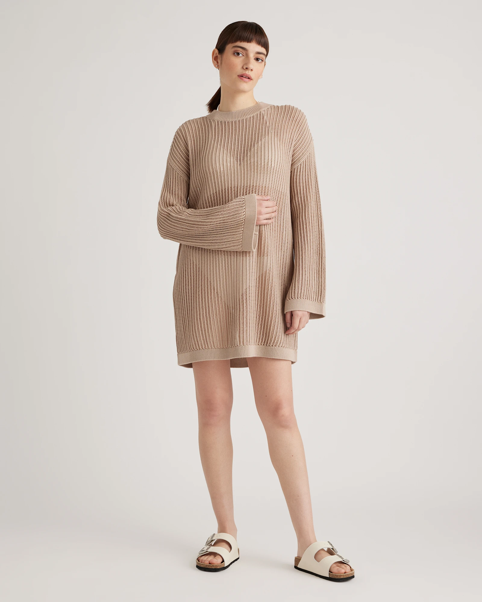 Quince Women's Organic Cotton Open-Knit Long Sleeve Cover-Up Mini Dress, White, Size XL - Perfect for Beach & Pool Outfits