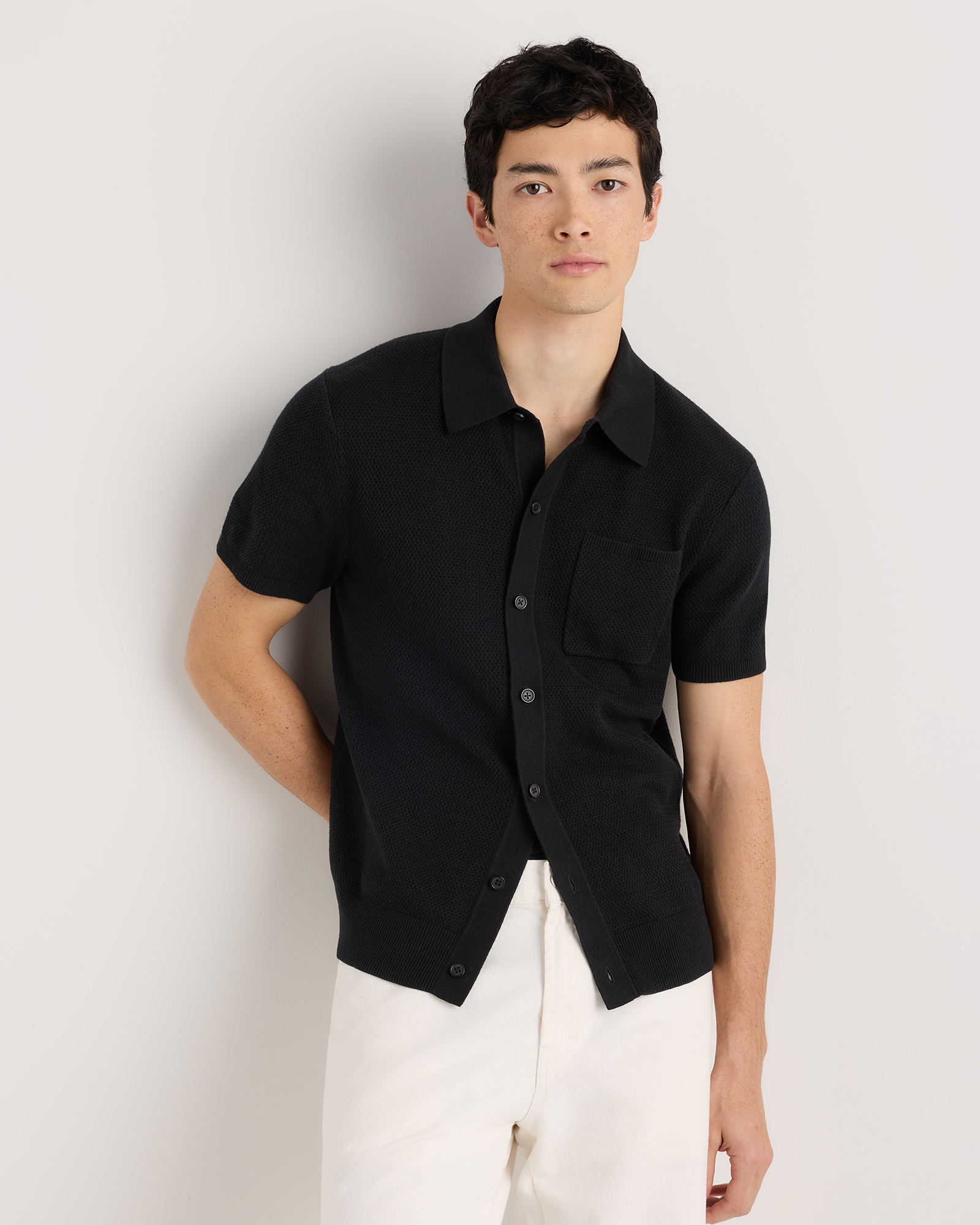 Black 100% Organic Cotton Mesh-Stitch Button-Up Sweater Polo