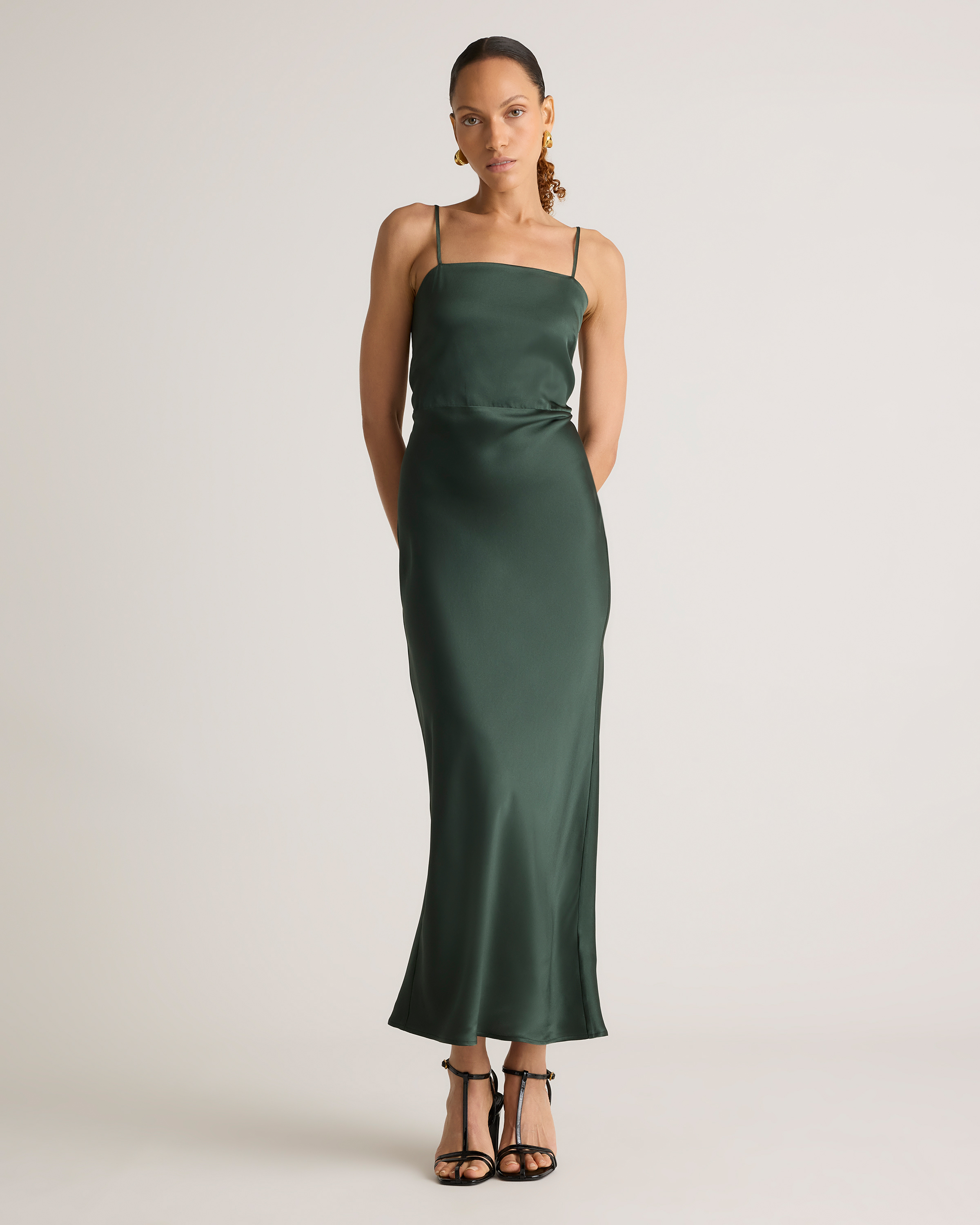 Forest Green 100% Washable Silk Square Neck Maxi Dress