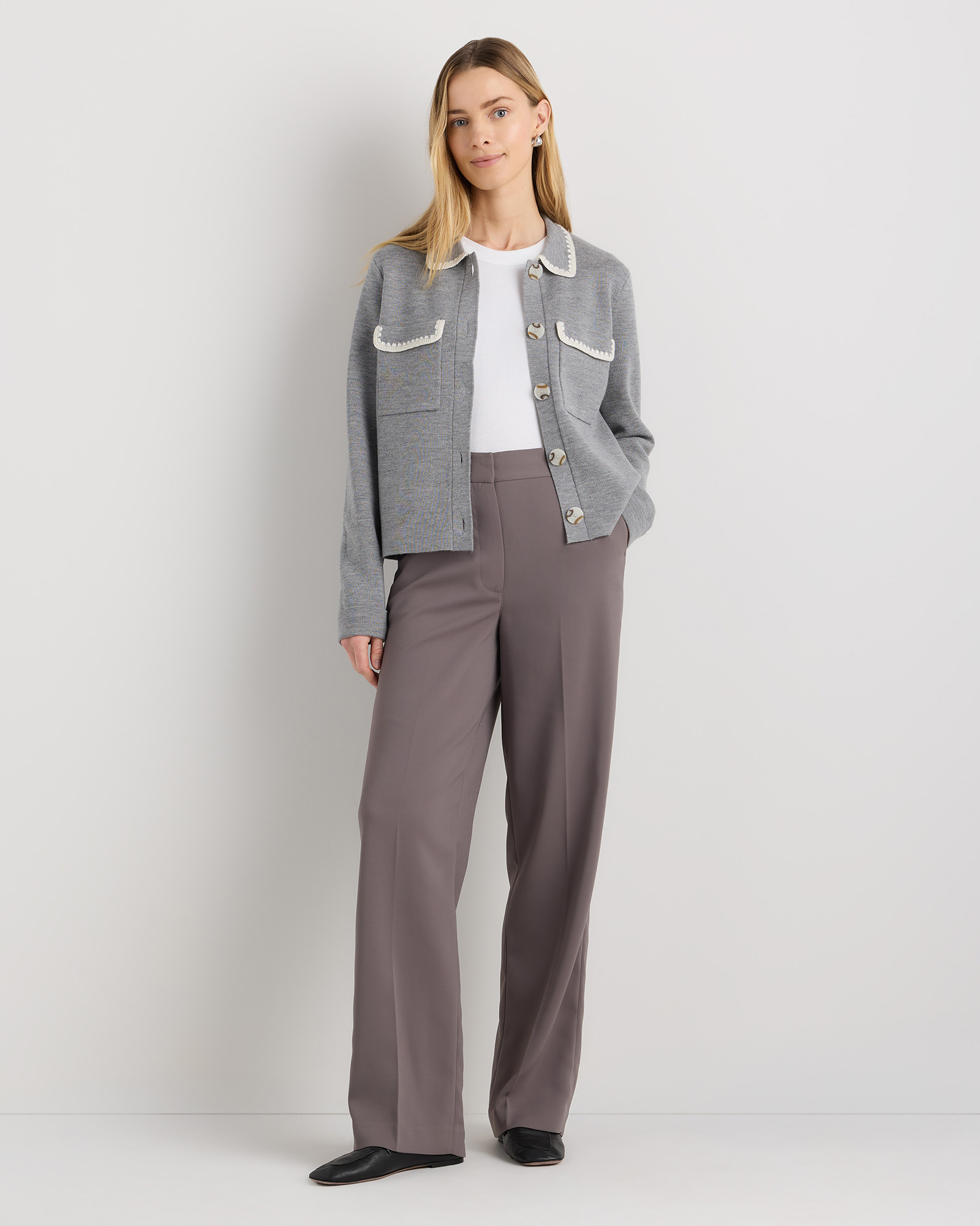 Australian Merino Wool Crochet Structured Cardigan in Heather Grey