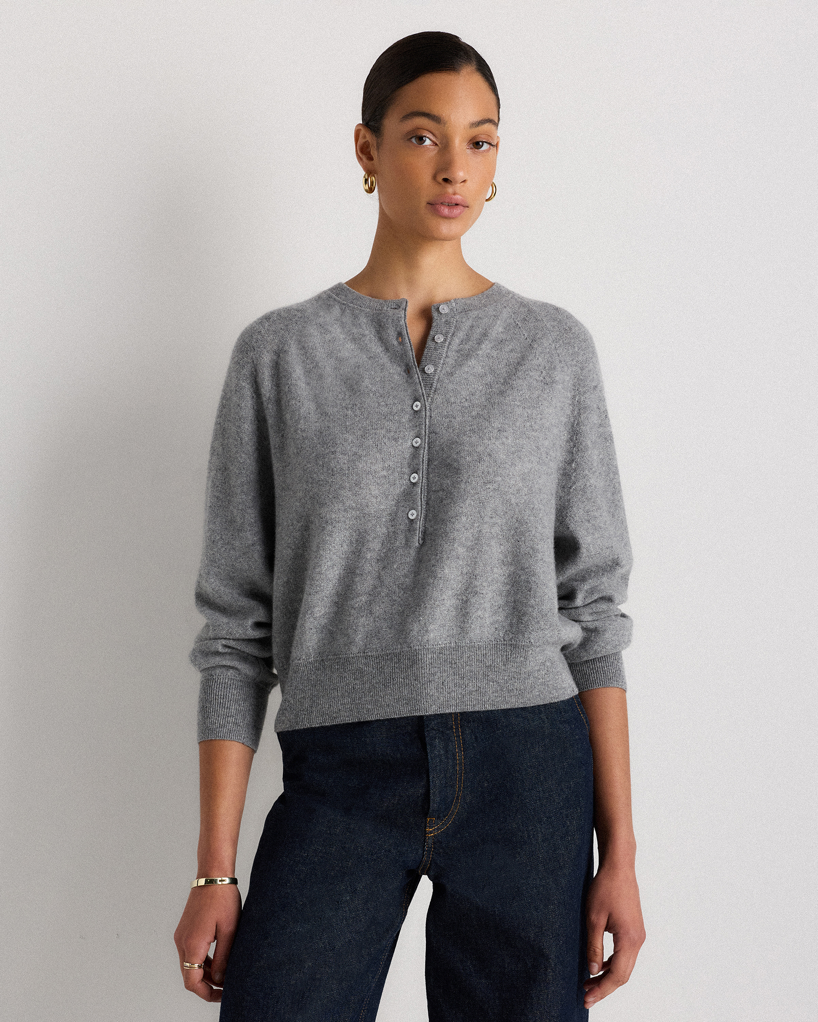 Heather Grey Mongolian Cashmere Dolman Sleeve Henley Sweater