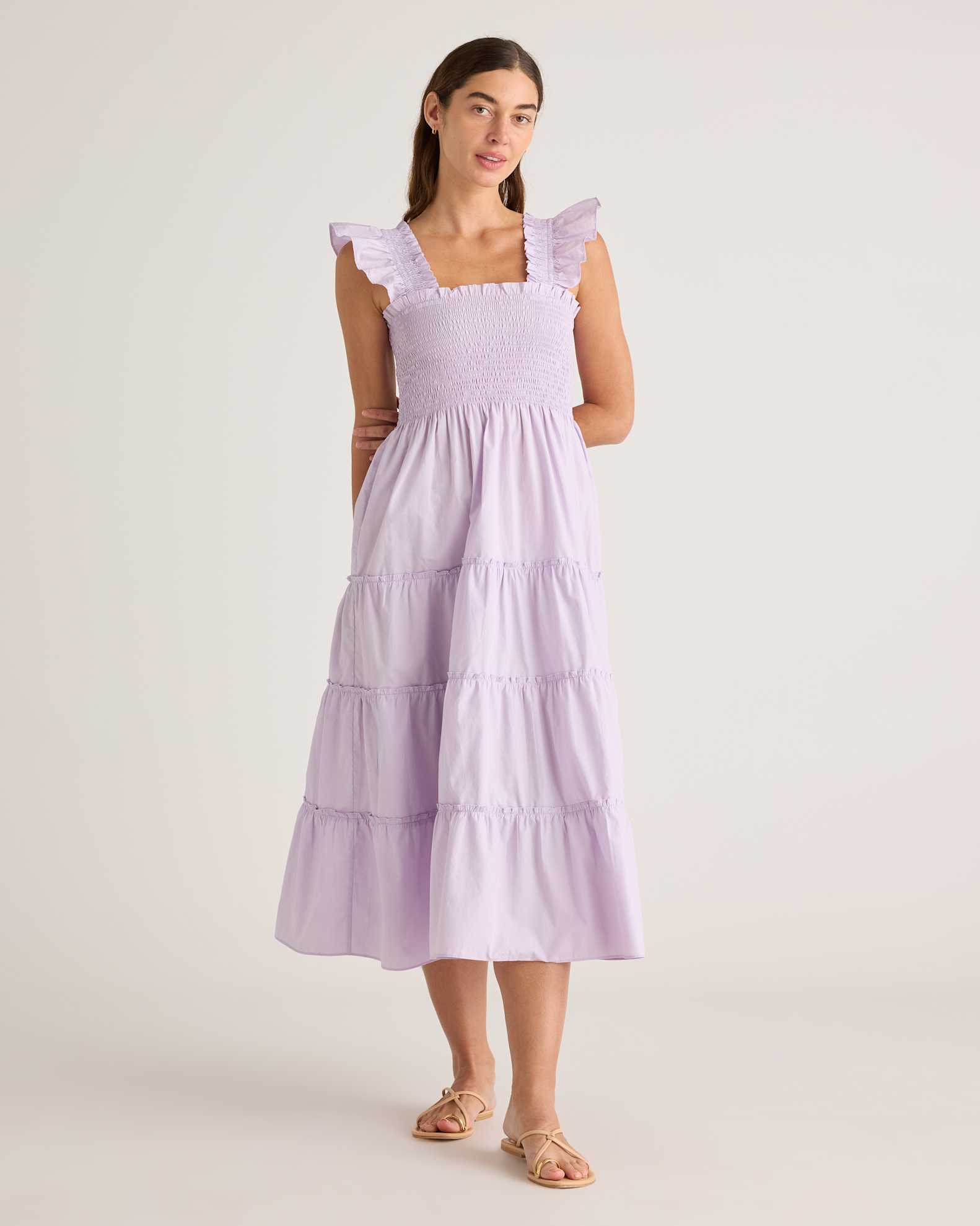 100% Organic Cotton Smocked Midi Dress in Pastel Lilac 100% Organic Cotton Smocked Midi Dress in Pastel Lilac