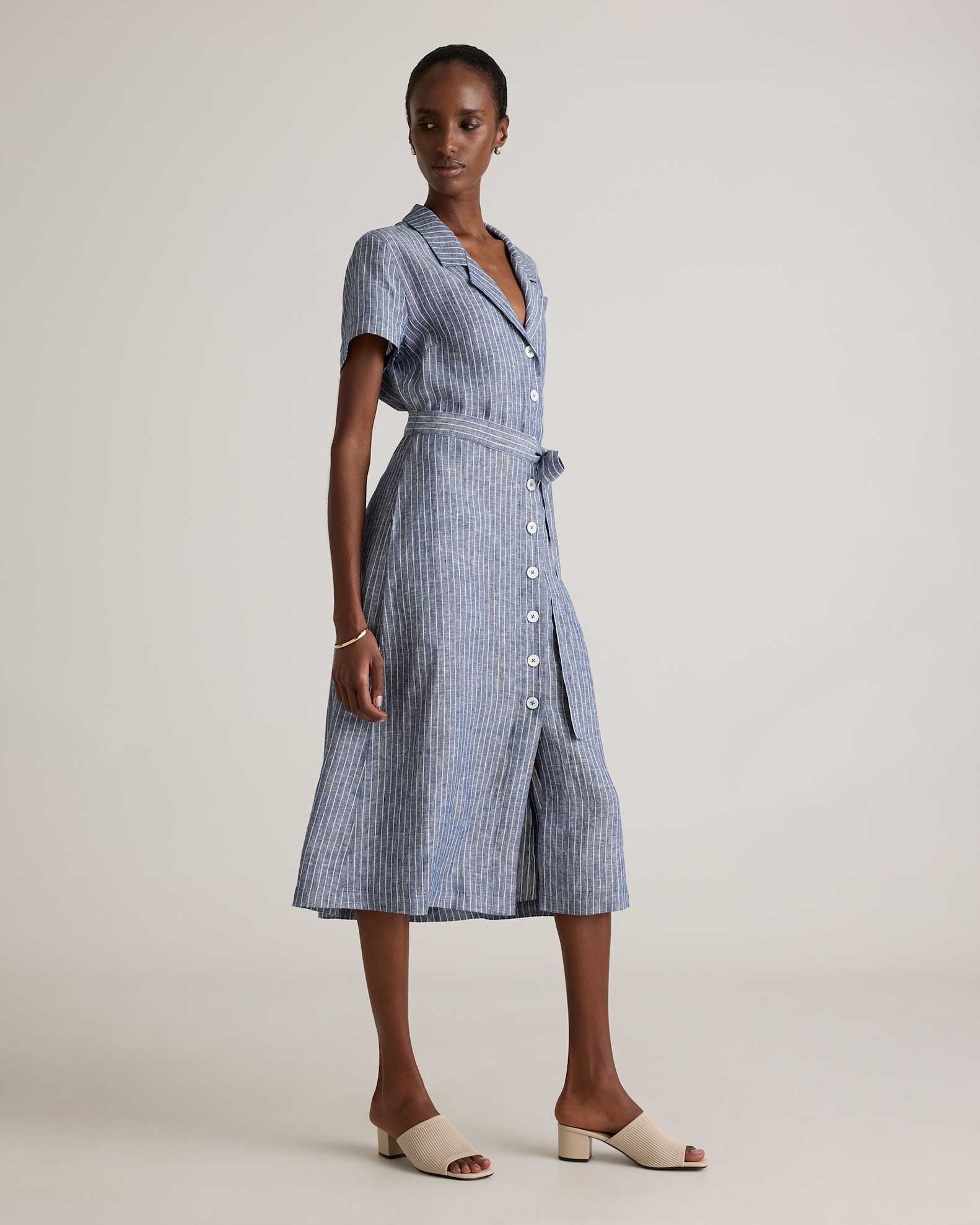 Women's 100% European Linen Button Front Dress in Chambray Stripe, Size XS by Quince Women's 100% European Linen Button Front Dress in Chambray Stripe, Size XS by Quince