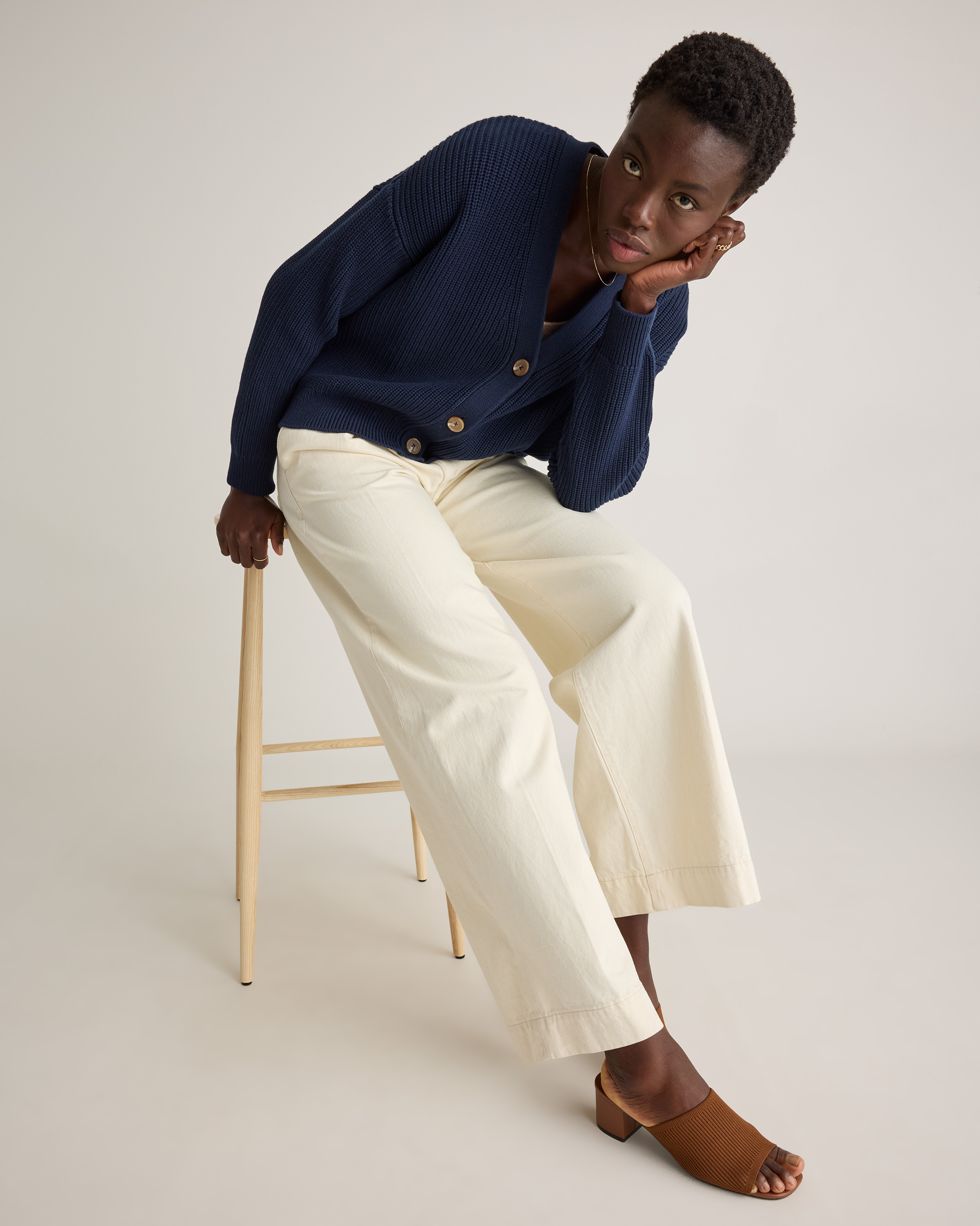 100% Organic Cotton Fisherman Boxy Cropped Cardigan in Navy