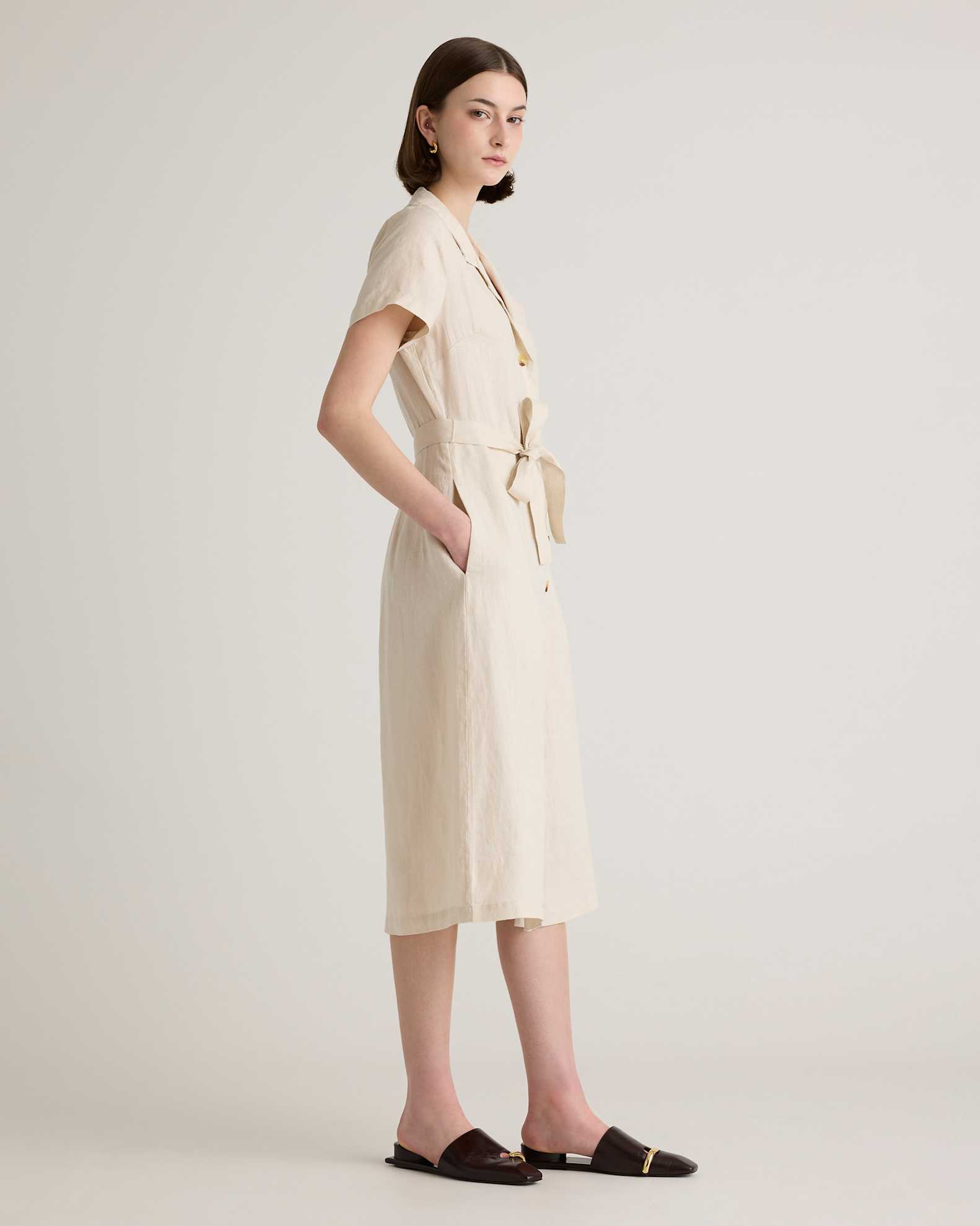 Women's 100% European Linen Button Front Dress in Sand, Size Large by Quince Women's 100% European Linen Button Front Dress in Sand, Size Large by Quince