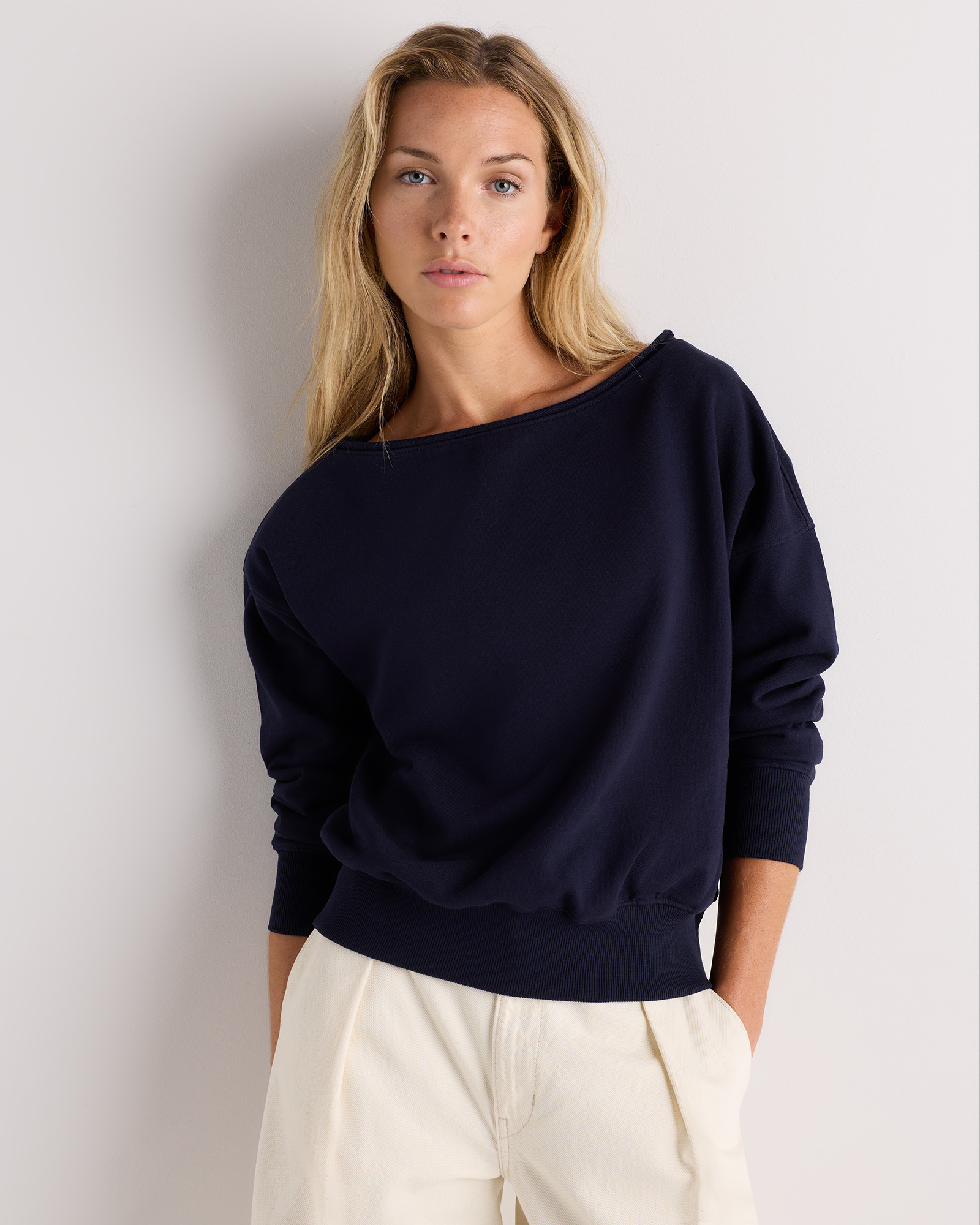 Deep Navy Organic French Terry Off-Shoulder Sweatshirt