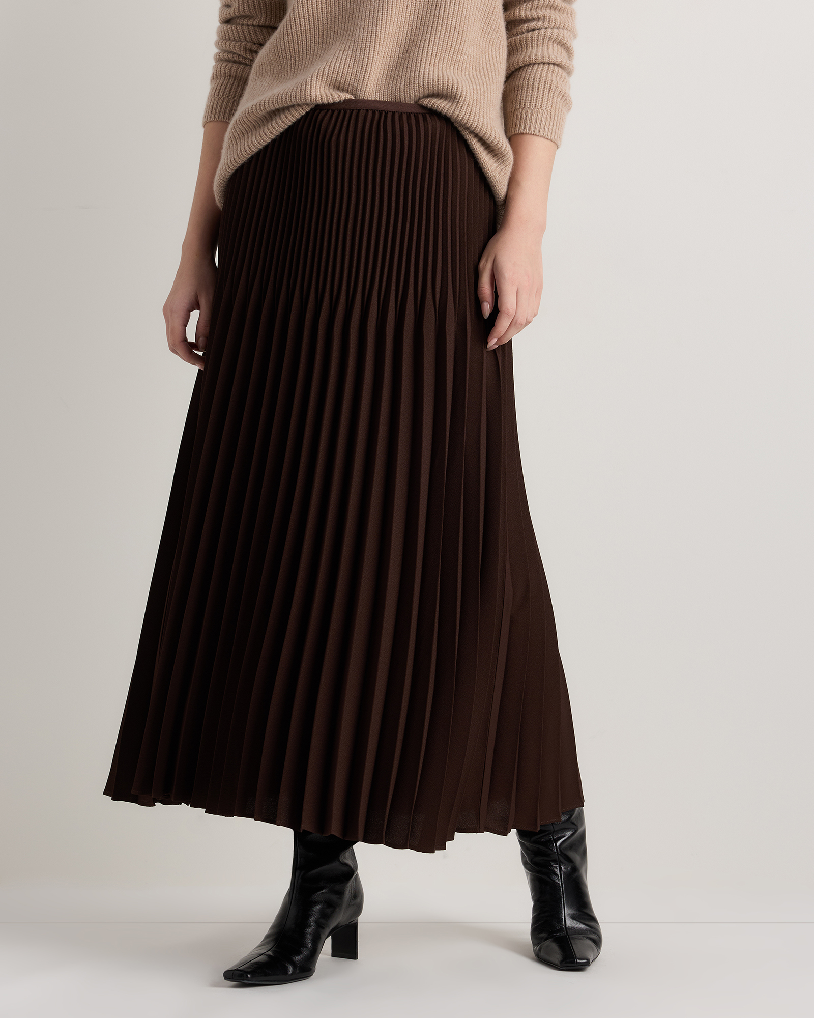Coffee Bean Brown Pleated Matte Midi Skirt