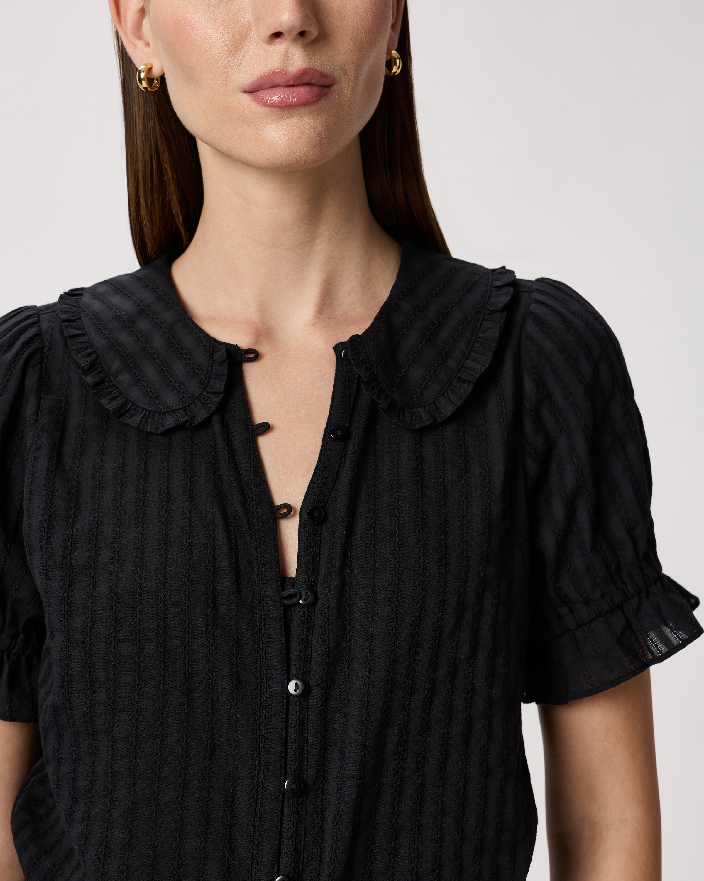 Embroidered Cotton Ruffle Collar Long Sleeve Blouse in True Black