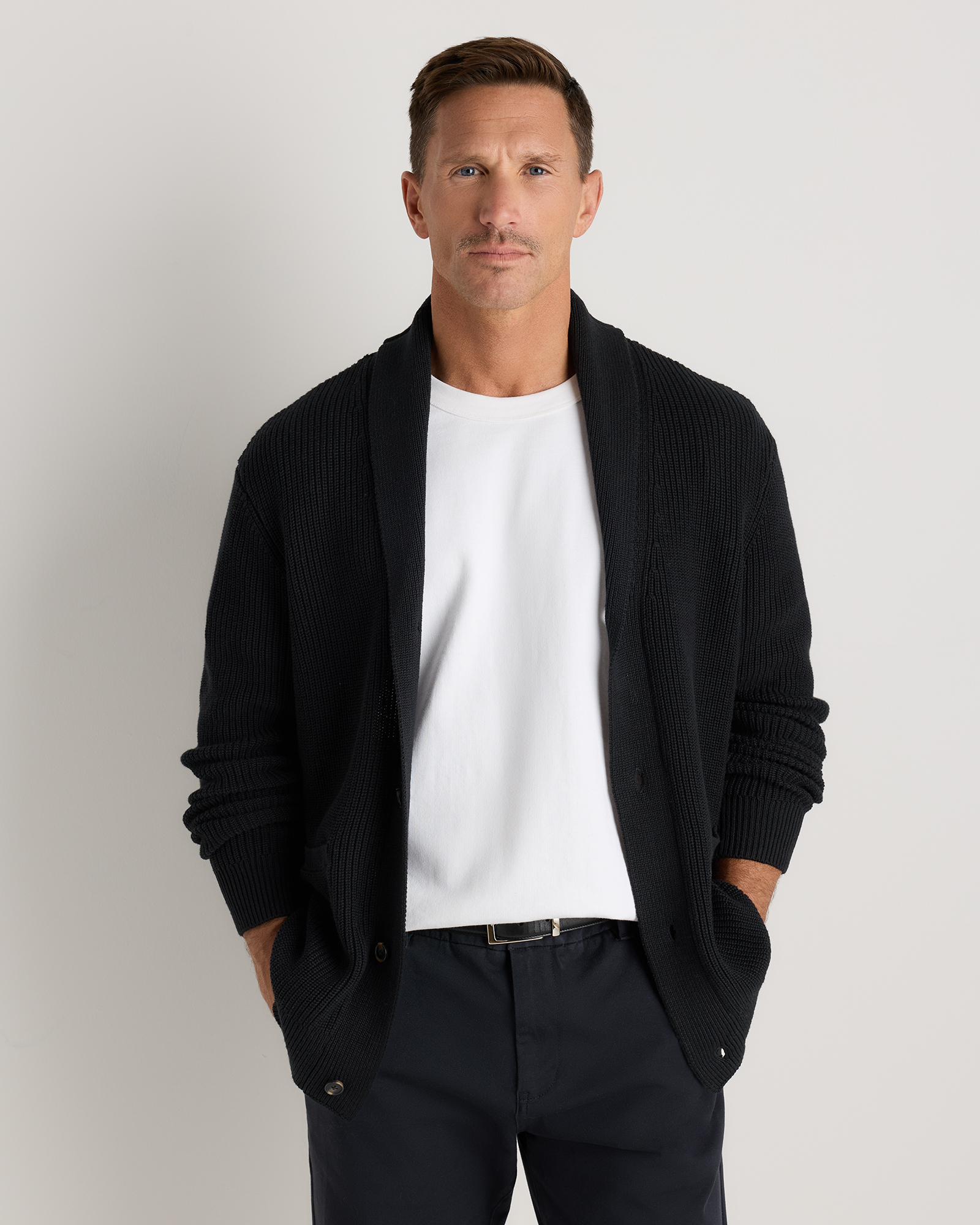 Black 100% Organic Cotton Ribbed Shawl-Collar Cardigan Sweater