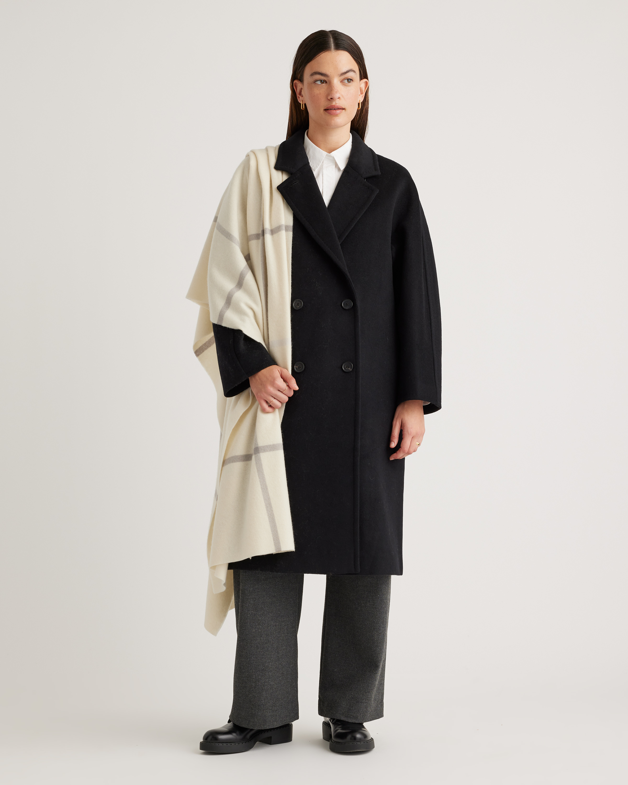 Ivory/Grey Plaid Mongolian Cashmere Plaid Wrap