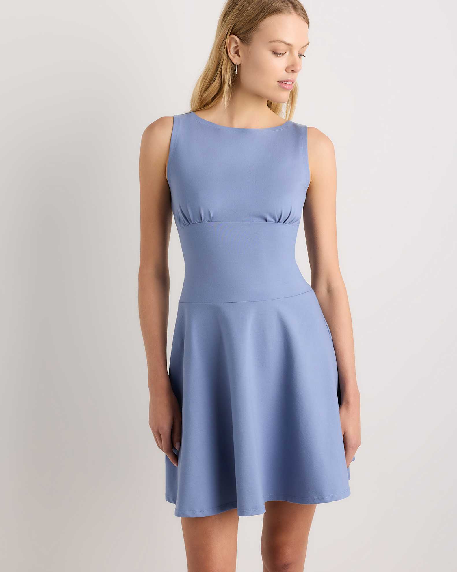 Organic Stretch Jersey Drop Waist Mini Dress in Moonstone Blue Organic Stretch Jersey Drop Waist Mini Dress in Moonstone Blue