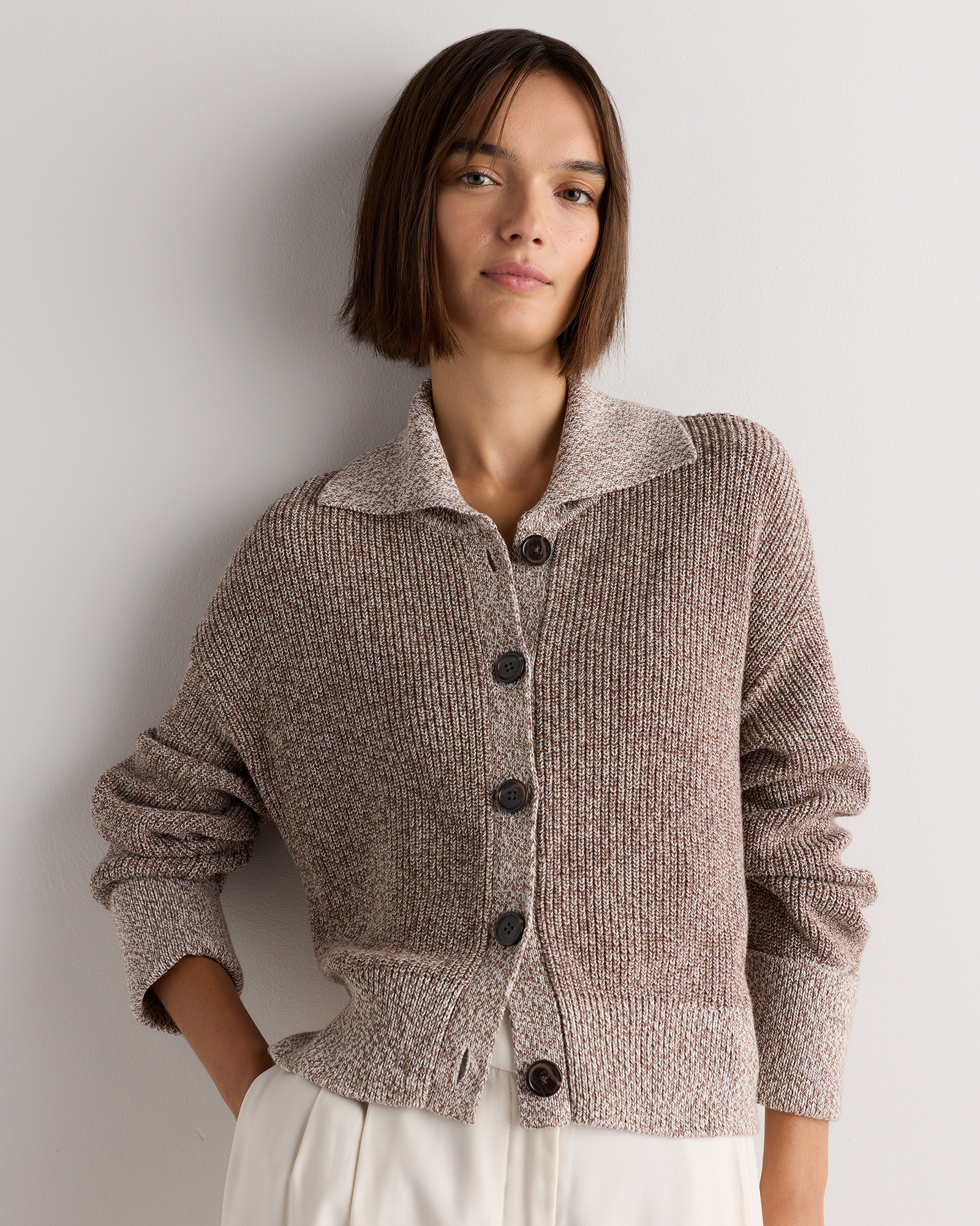 Warm Taupe Marl 100% Organic Cotton Fisherman Collared Cardigan