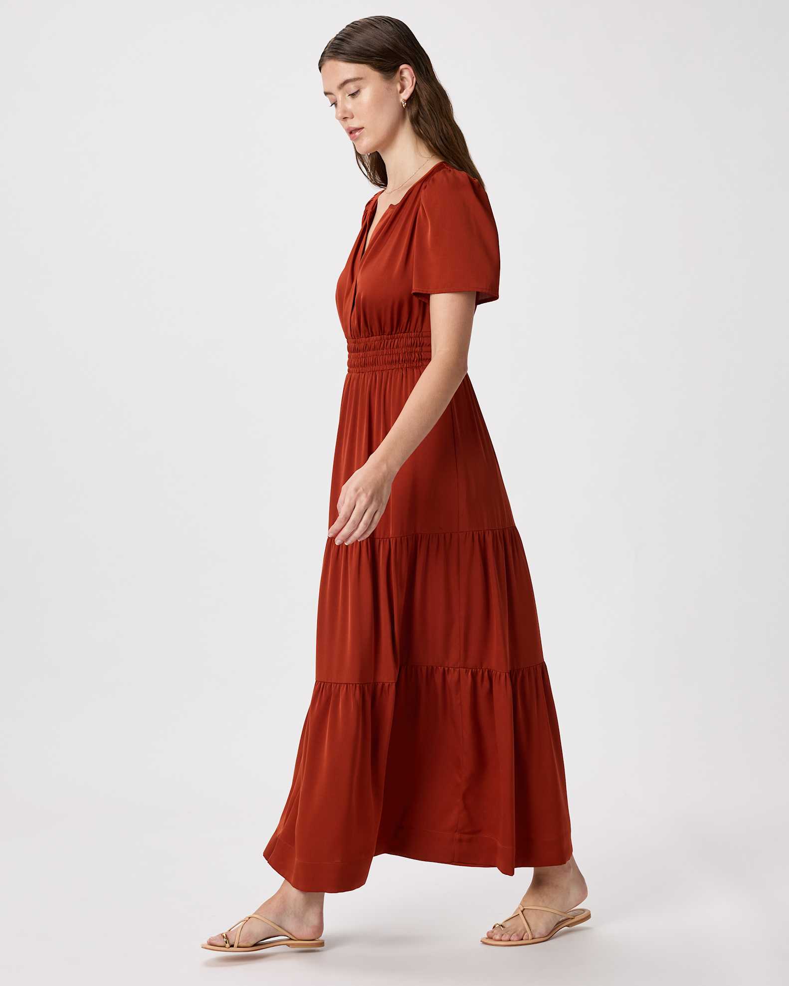 Women's Washable Stretch Silk Tiered Maxi Dress in Paprika Red, Size XL by Quince Women's Washable Stretch Silk Tiered Maxi Dress in Paprika Red, Size XL by Quince