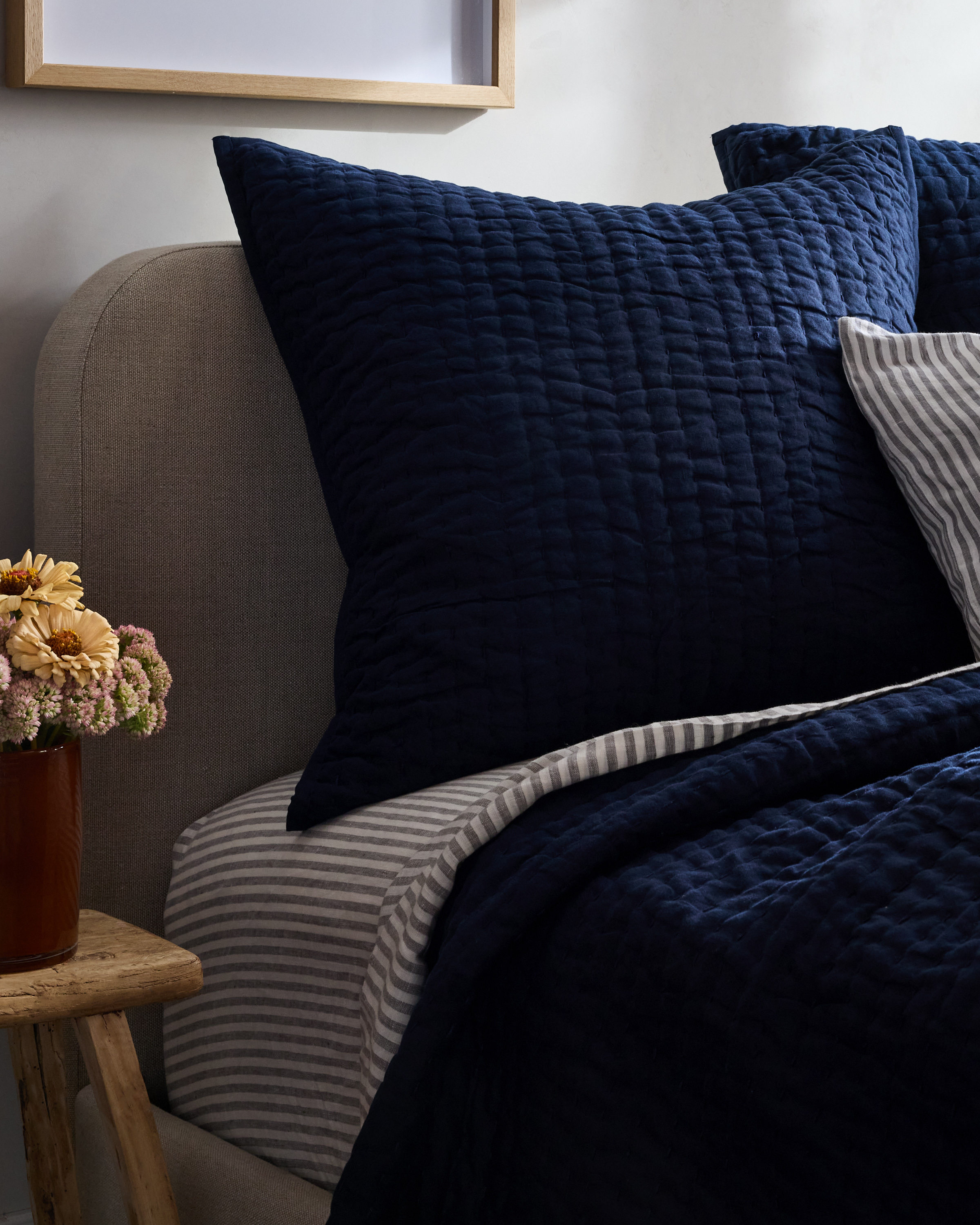 Navy European Linen Cotton Stitch Quilted Euro Sham