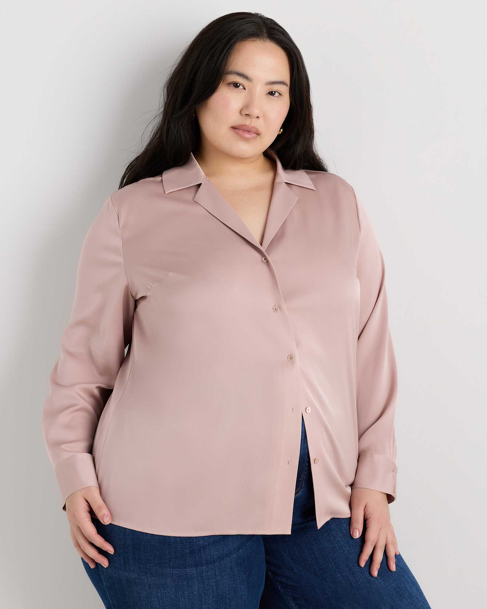 Washable Stretch Silk Notch Collar Blouse - Plus Size Washable Stretch Silk Notch Collar Blouse - Plus Size