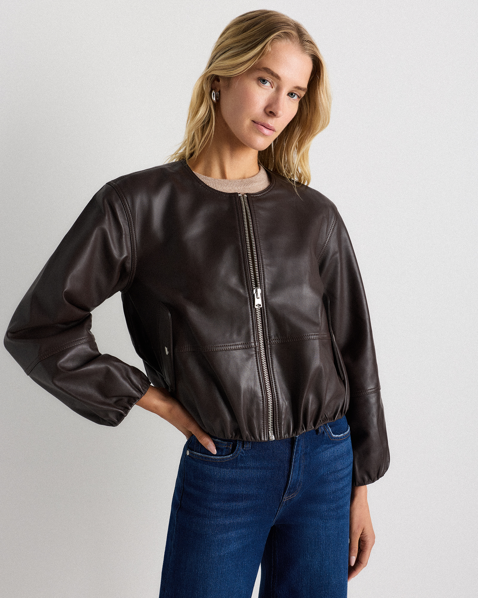 Rich Brown 100% Leather Collarless Cropped Jacket