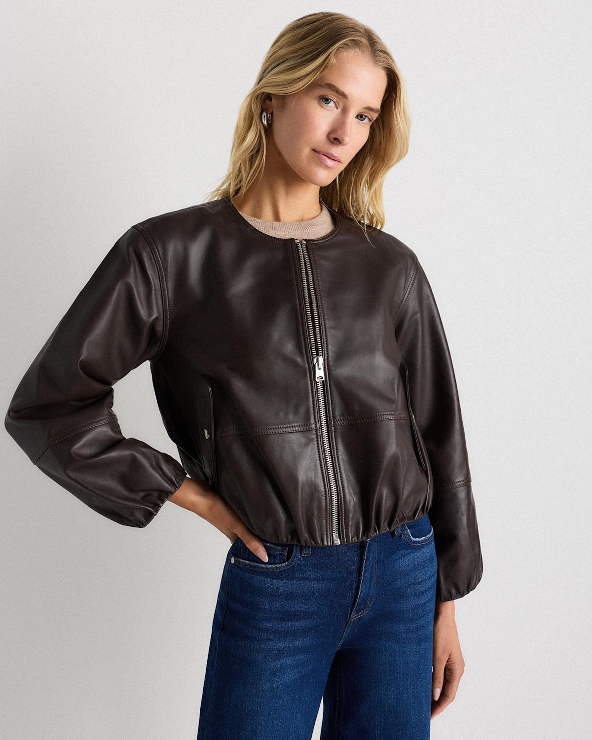 100% Leather Cropped Collarless Jacket