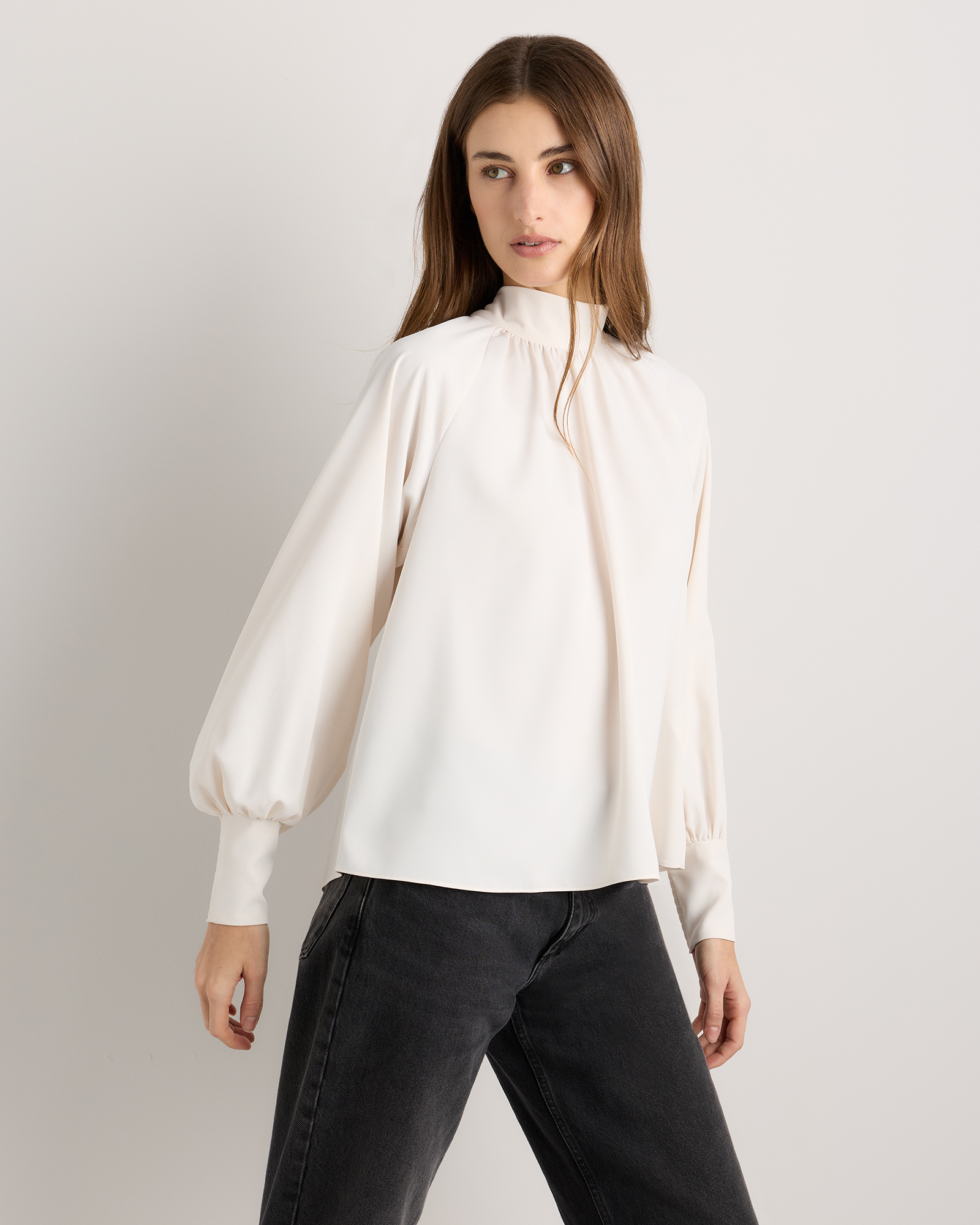Drapey Chiffon Mock Neck Long Sleeve Blouse in Ivory