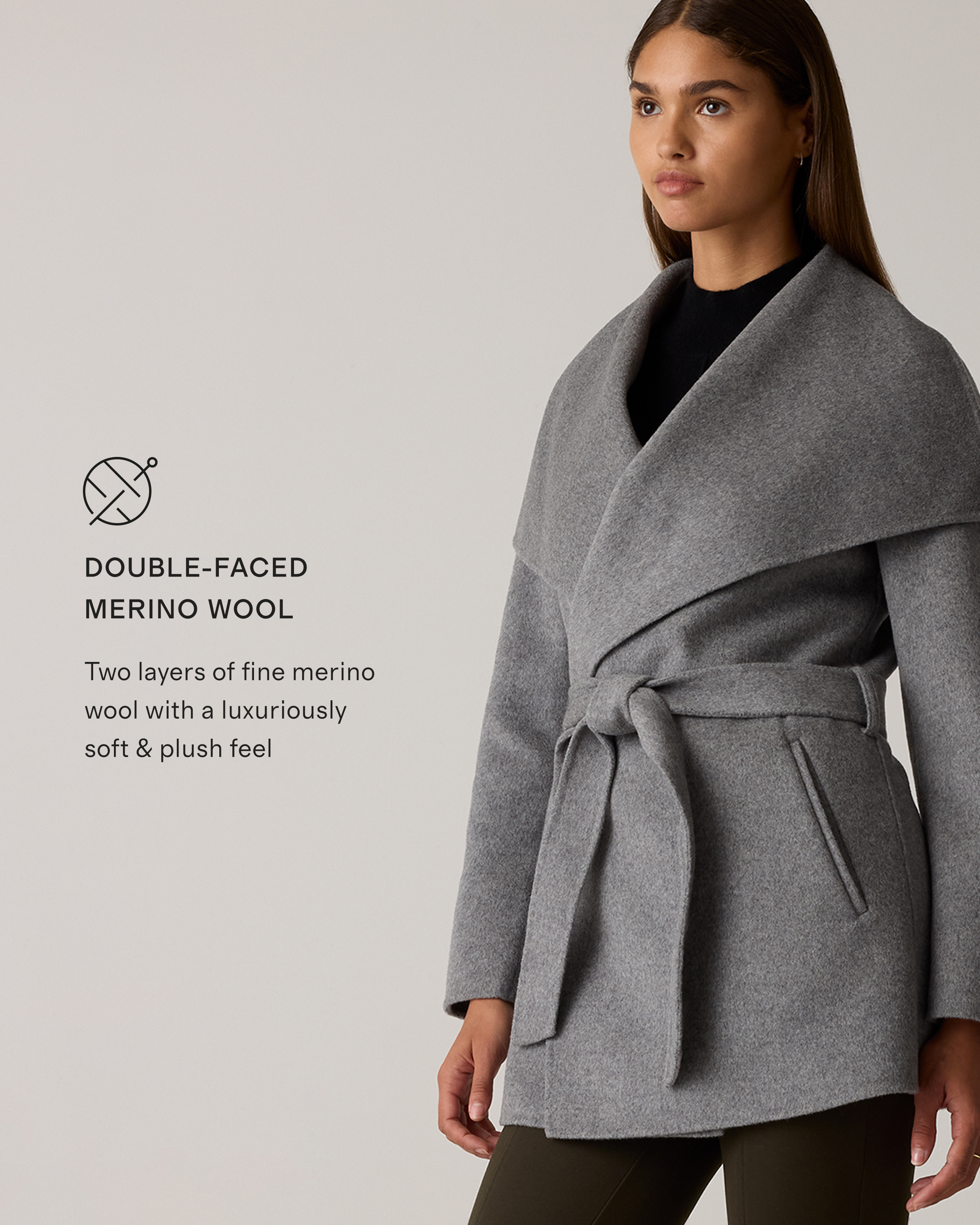Double-Faced Merino Wool Draped Collar Short Wrap Coat in Heather Grey