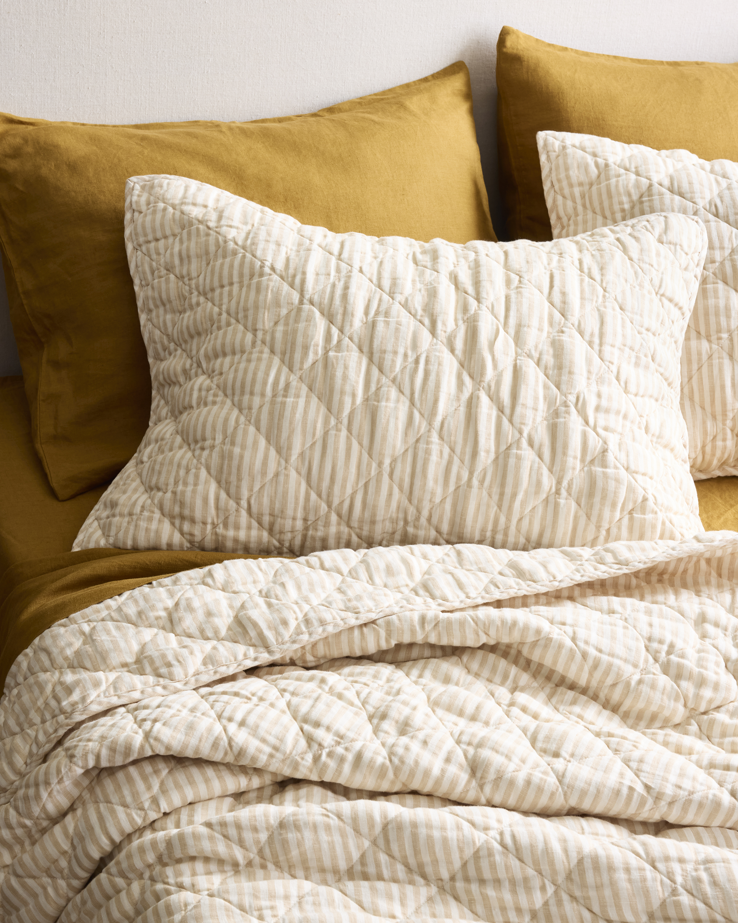 Natural/White Stripe European Linen Stripe Quilted Sham Set 