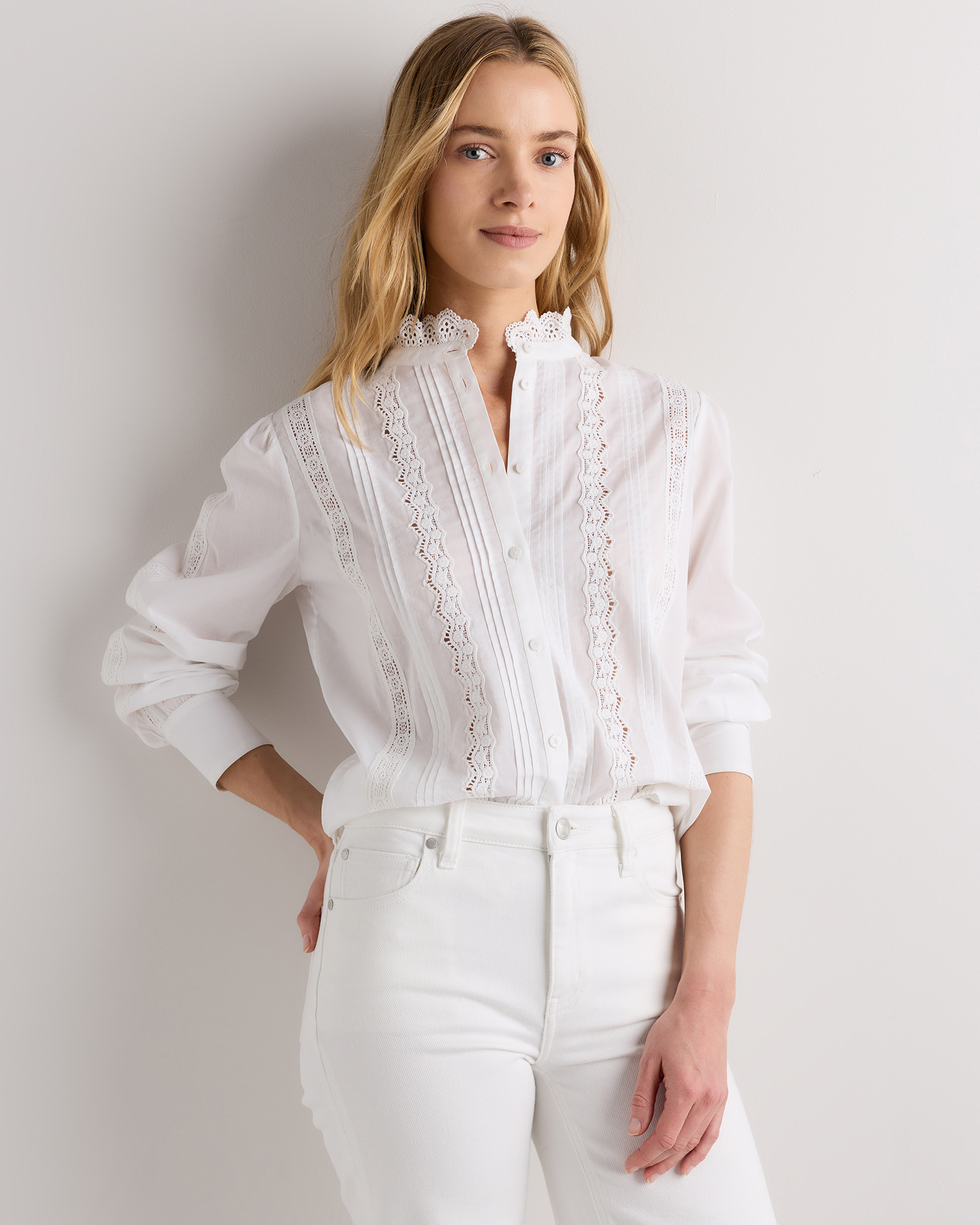Classic White Organic Cotton Voile Lace Detail Blouse